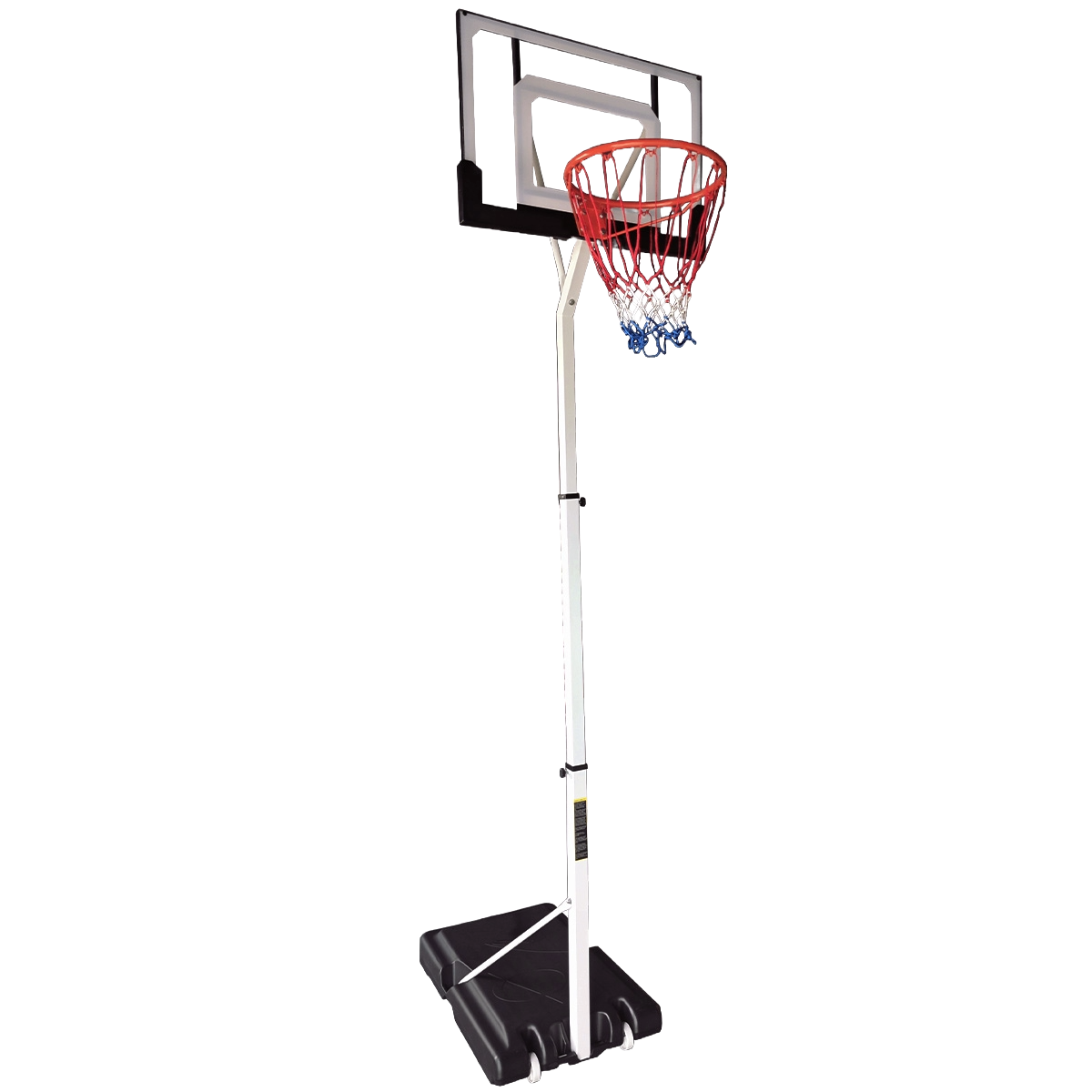 Stojak do koszykówki. Ma czarną podstawę, biały słup i czerwoną siatkę.