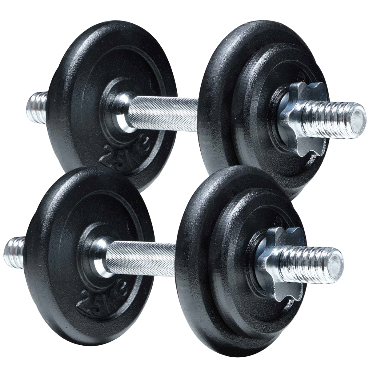 Dwie czarne hantle ze srebrnymi uchwytami i talerzami '25KG'.