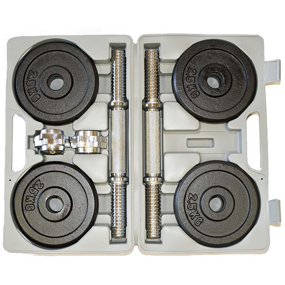 Szara walizka zawiera dwa uchwyty do hantli i cztery czarne talerze obciążeniowe, każdy oznaczony 2,5KG.