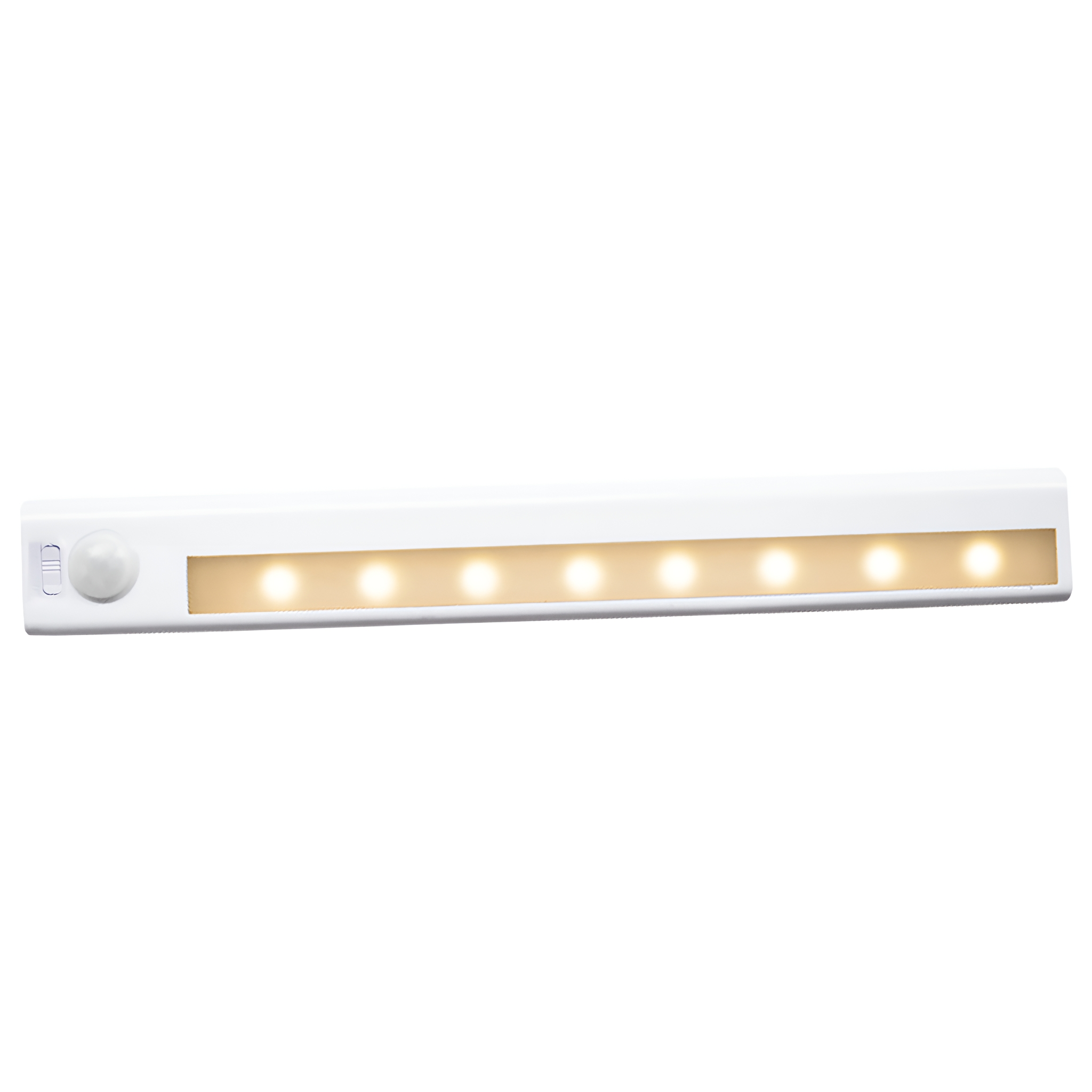 Ein weißes LED-Lichtband mit warmen Lichtern. Es hat einen Bewegungssensor an einem Ende.