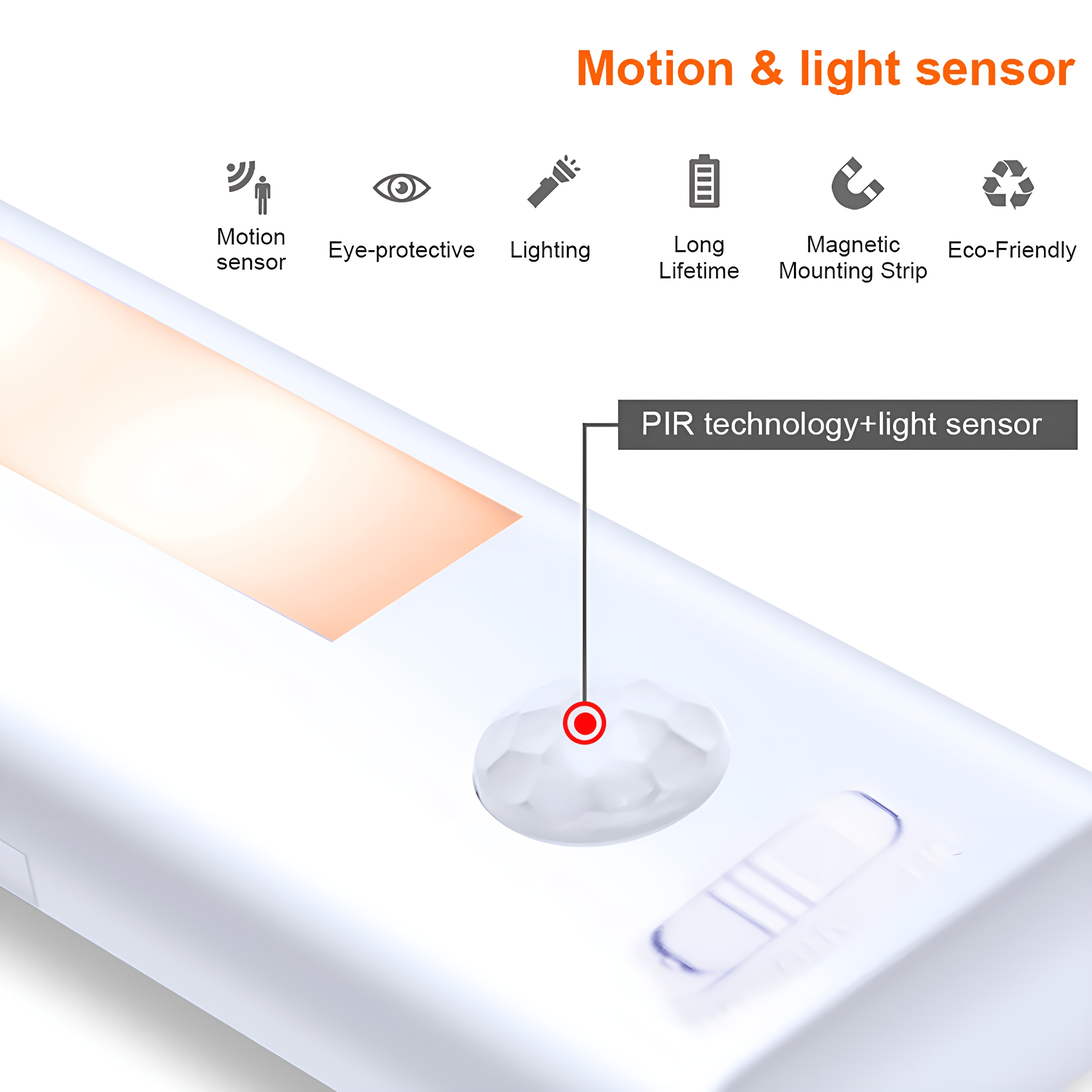 Weißer Lichtstreifen mit Symbolen für Funktionen: Bewegungssensor, Augenschutz, Beleuchtung und mehr.