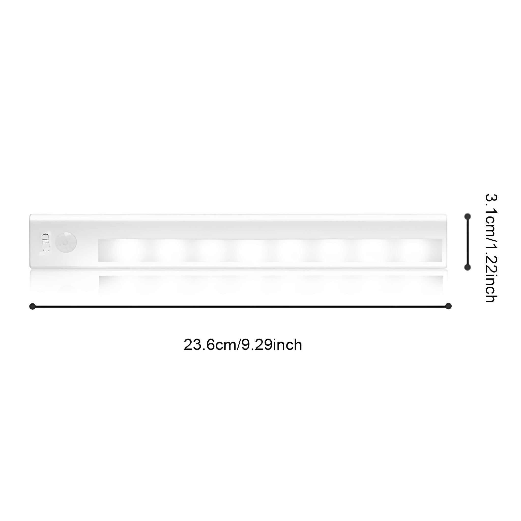 Eine weiße LED-Lichtleiste mit Abmessungen und integriertem Bewegungssensor.