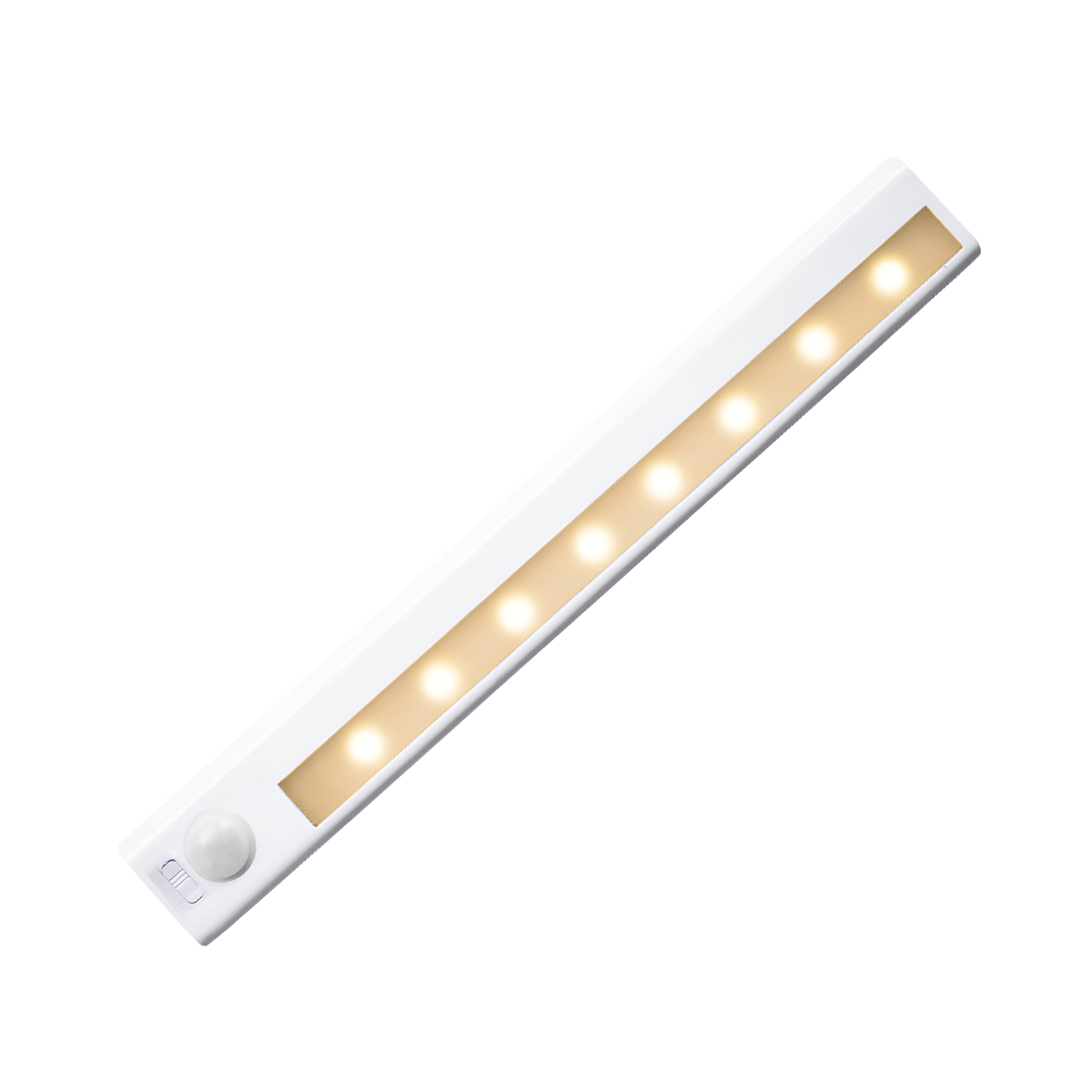 Weißer LED-Lichtbalken mit 8 Lichtern, einem Sensor und weißem Hintergrund.