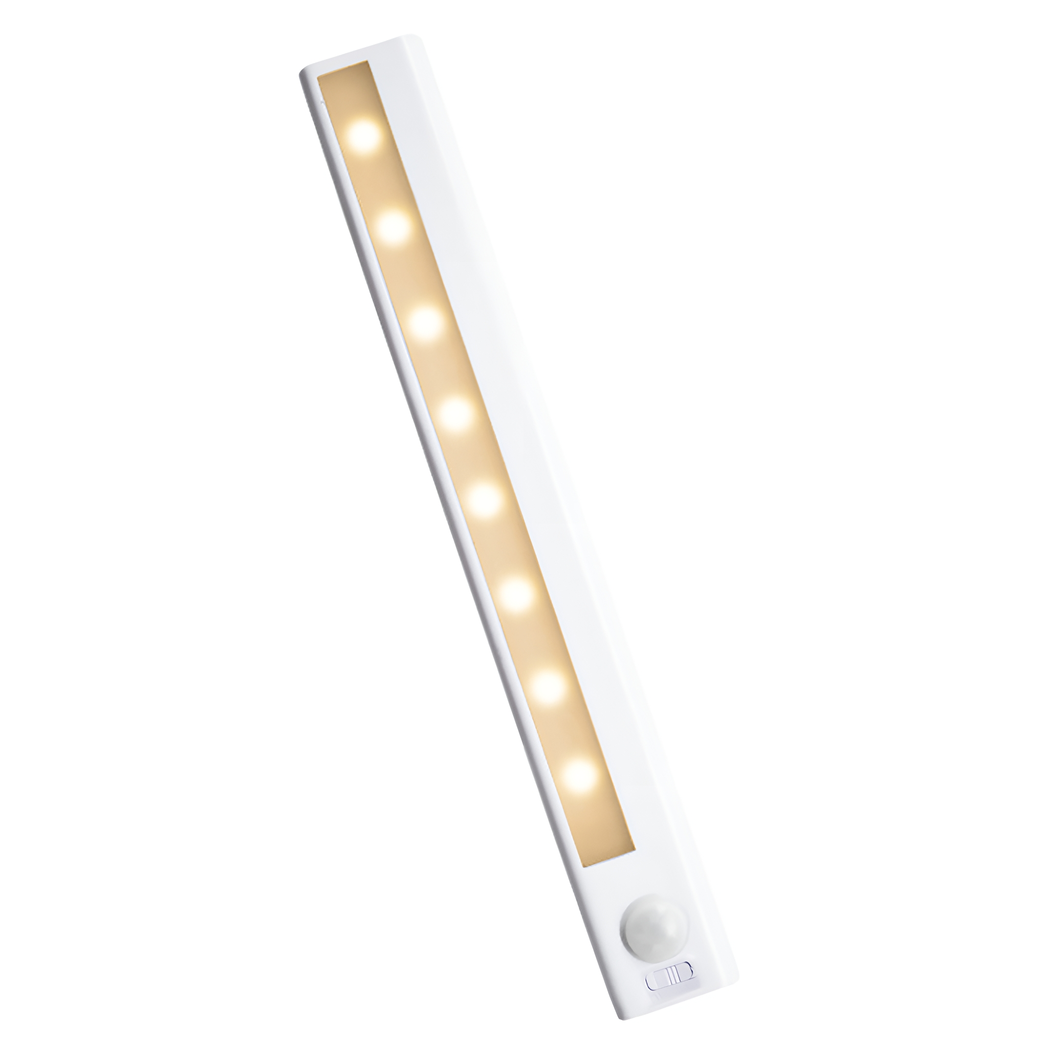 Weißer LED-Lichtbalken mit 8 warmen Lichtern. Bewegungssensor unten.