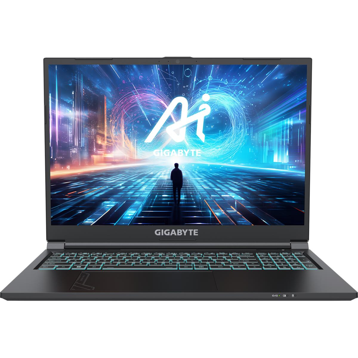 Gigabyte-Laptop geöffnet, zeigt einen farbenfrohen Bildschirm mit einer Person, die auf Licht zugeht.