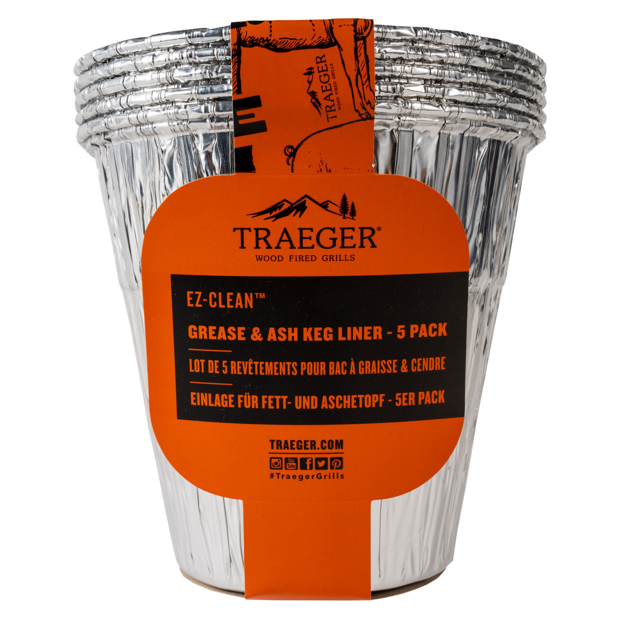 Pila de revestimientos de grasa y ceniza de aluminio, marca Traeger, etiqueta naranja.