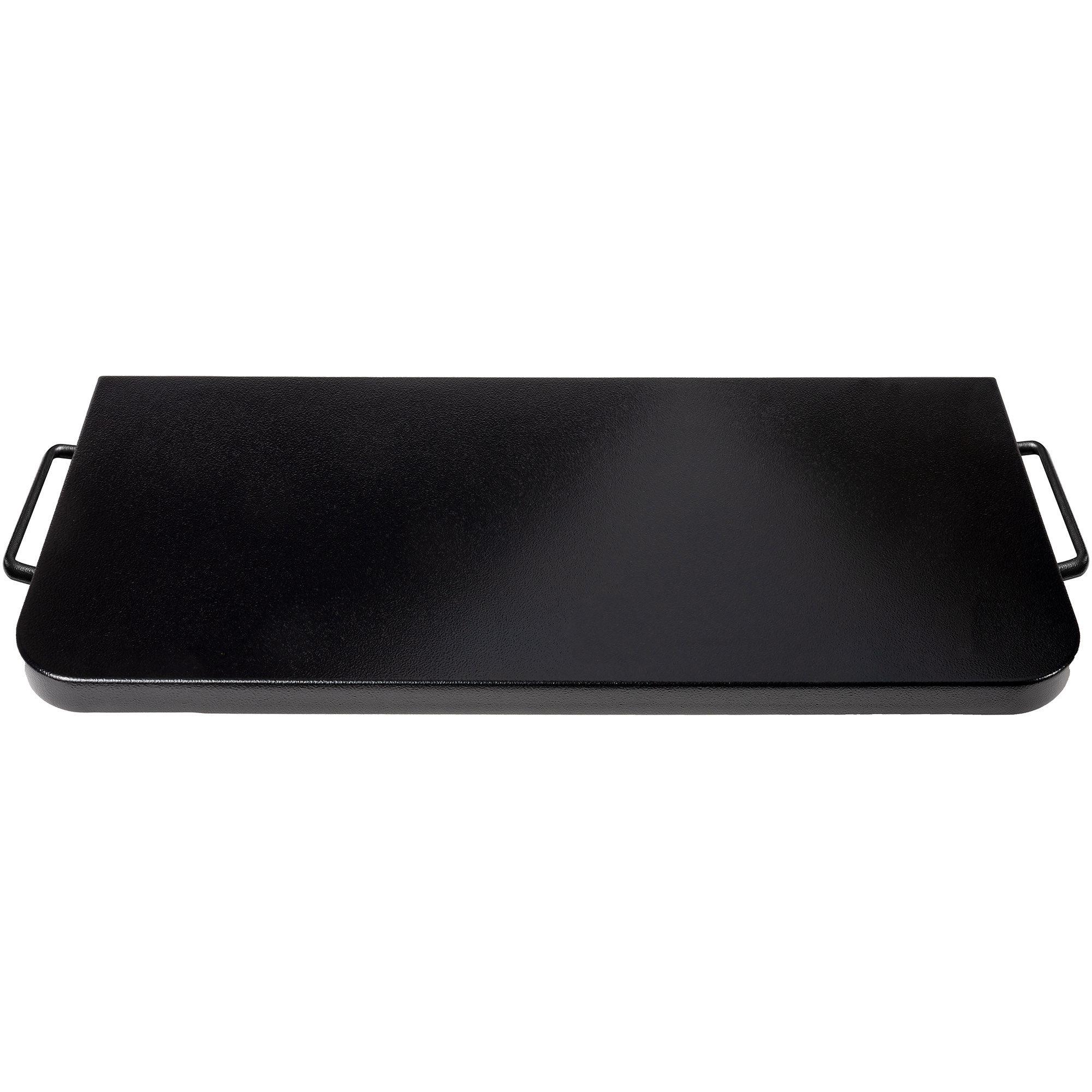 Bandeja metálica rectangular negra con asas a cada lado, fondo blanco liso.