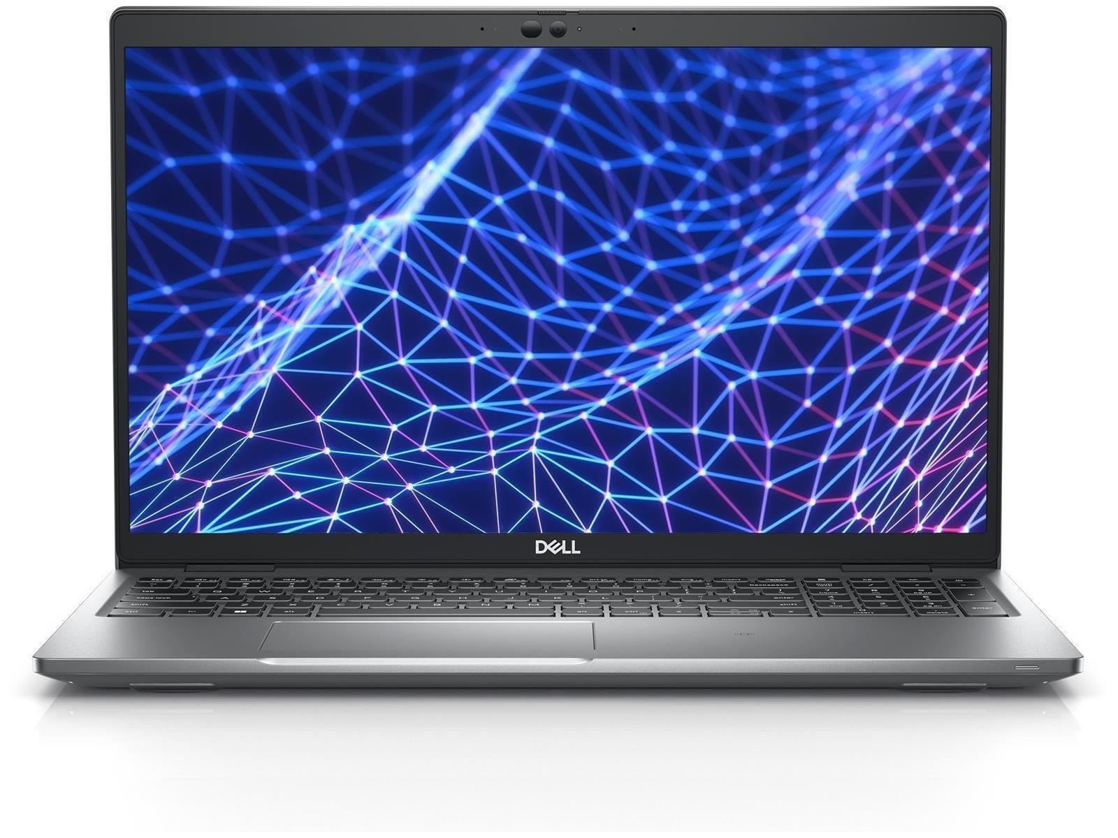 Silberner Dell Laptop mit blauem und lila Netzwerk-Muster auf dem Bildschirm, weißer Hintergrund.