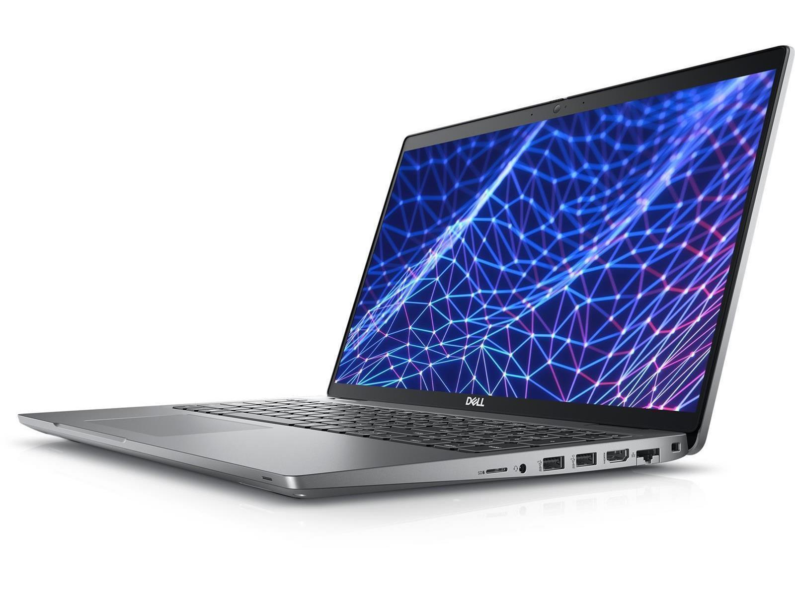 Ein silbernes Laptop mit einem Bildschirm, der ein blaues Netzmuster anzeigt. Das Dell-Logo ist sichtbar.