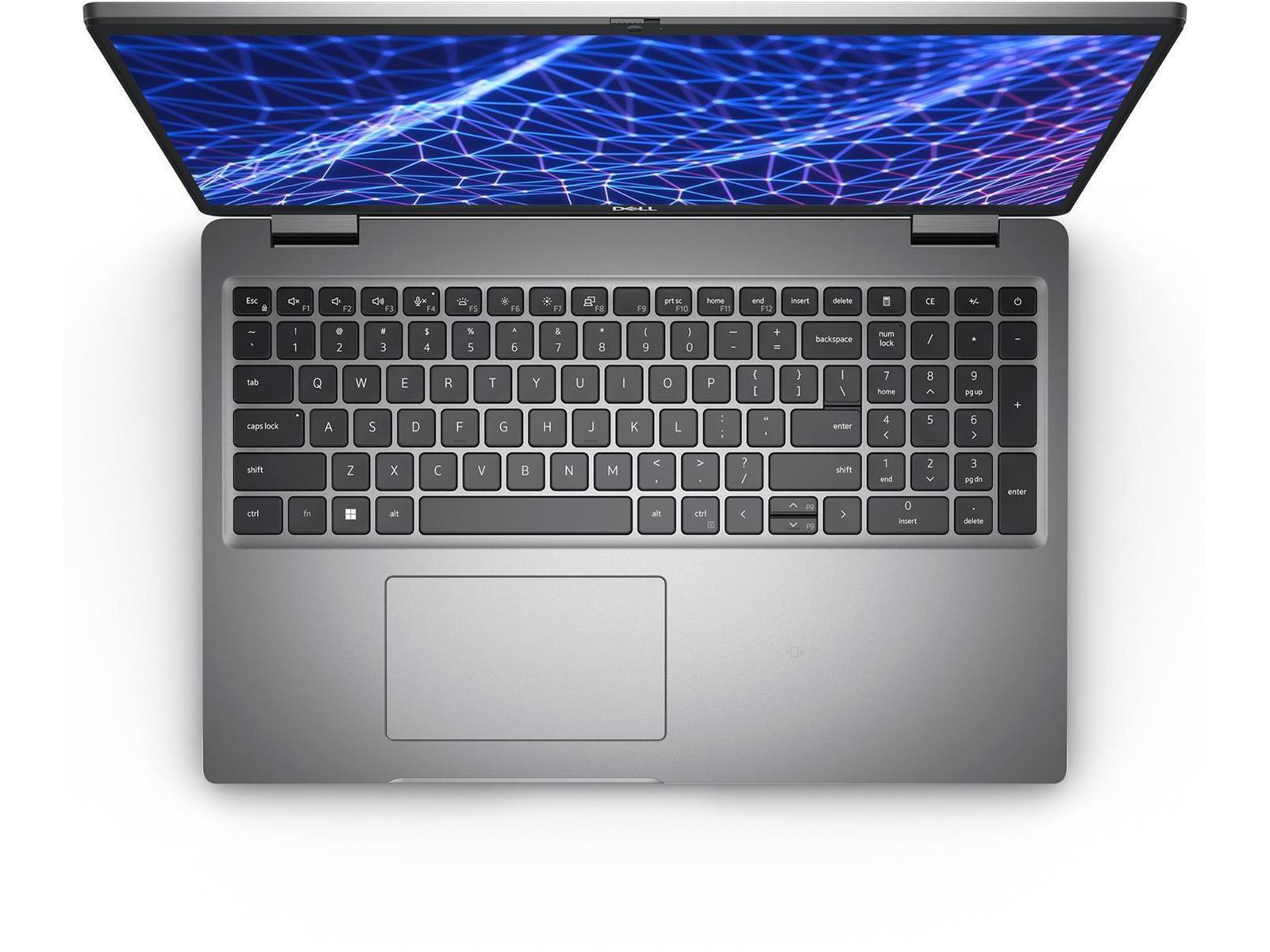 Laptop geöffnet, zeigt Tastatur und Bildschirm mit blauer Netzwerk Grafik.