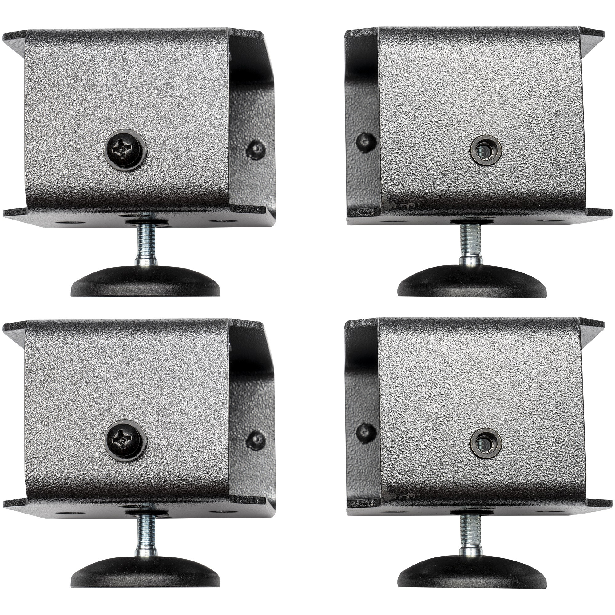 Cuatro patas de muebles de metal. Las patas son grises y tienen bases negras ajustables.