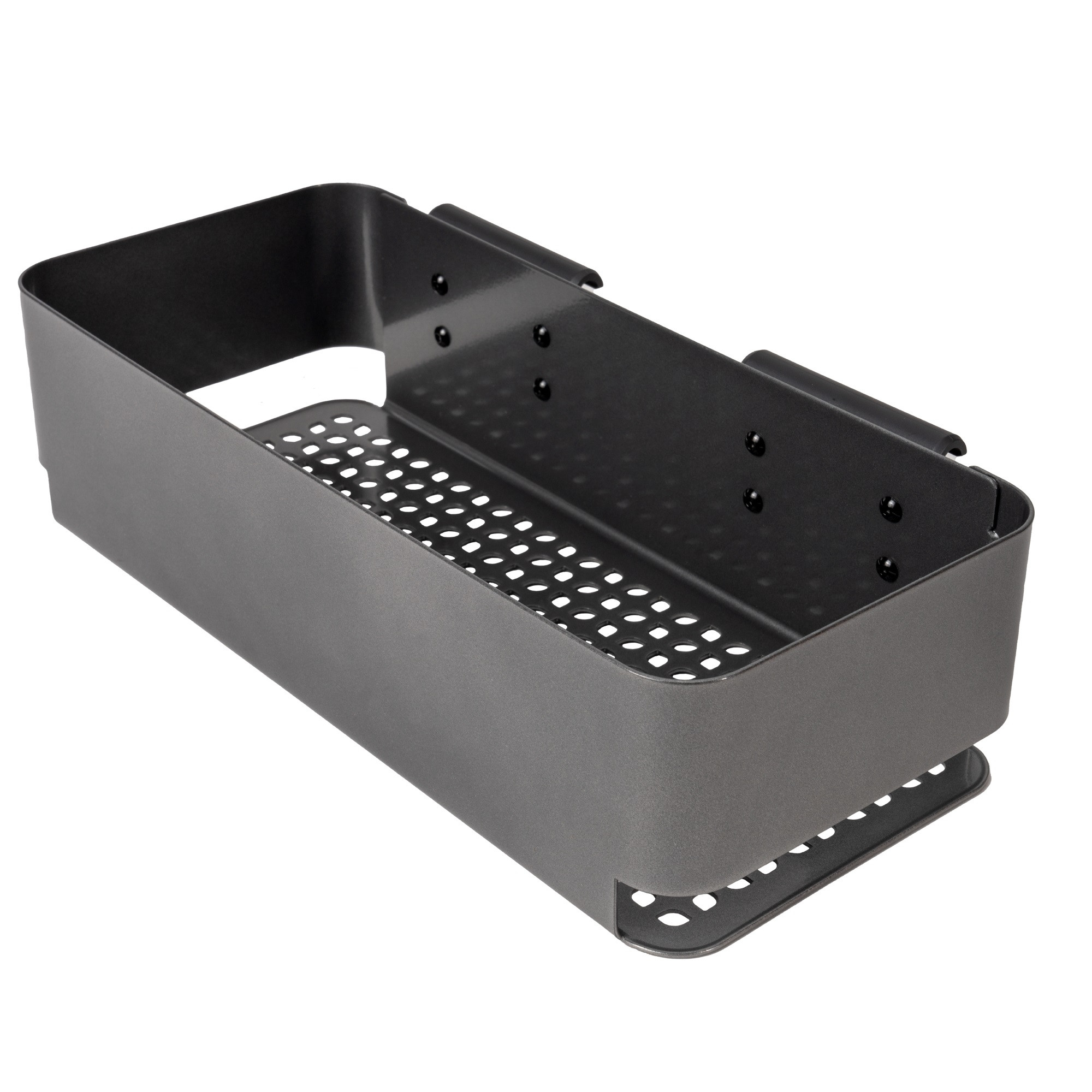 Un contenedor de almacenamiento rectangular gris oscuro con fondo perforado y asas.