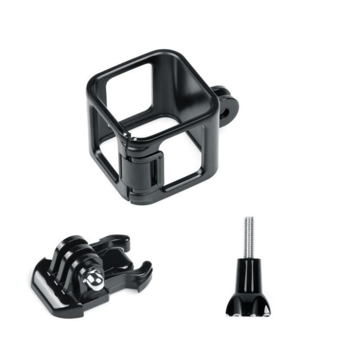 Czarna klatka kamery GoPro z akcesoriami montażowymi, w tym śrubą i mocowaniem.