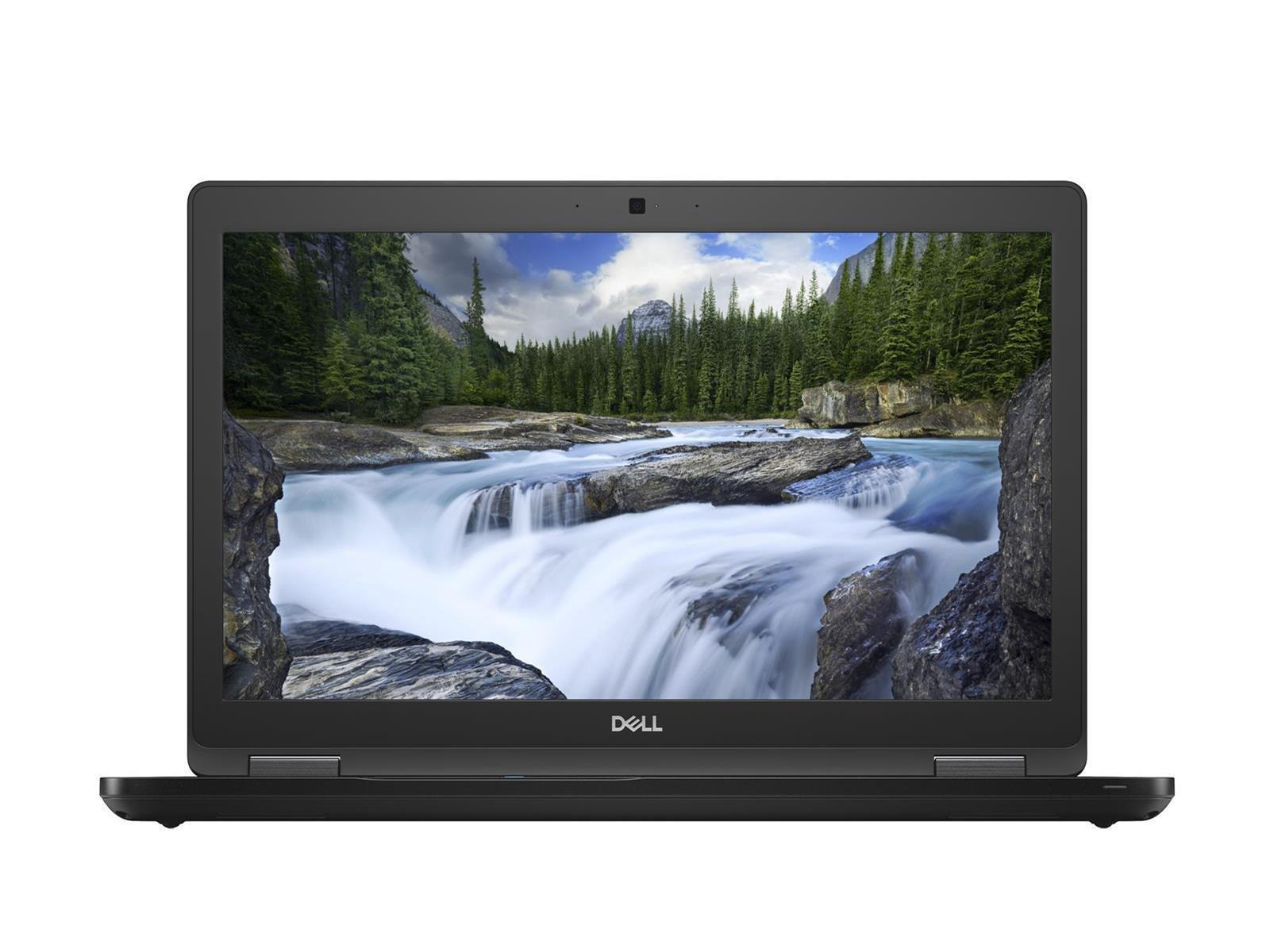 Dell-Laptop mit Bildschirm, der eine Wasserfallszene zeigt, schwarzem Rahmen und Dell-Logo.