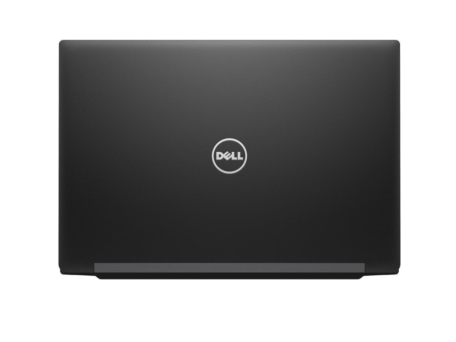 Schwarzer Laptop, Draufsicht. Das Dell-Logo ist zentriert. Oberfläche ist sauber und schlicht.