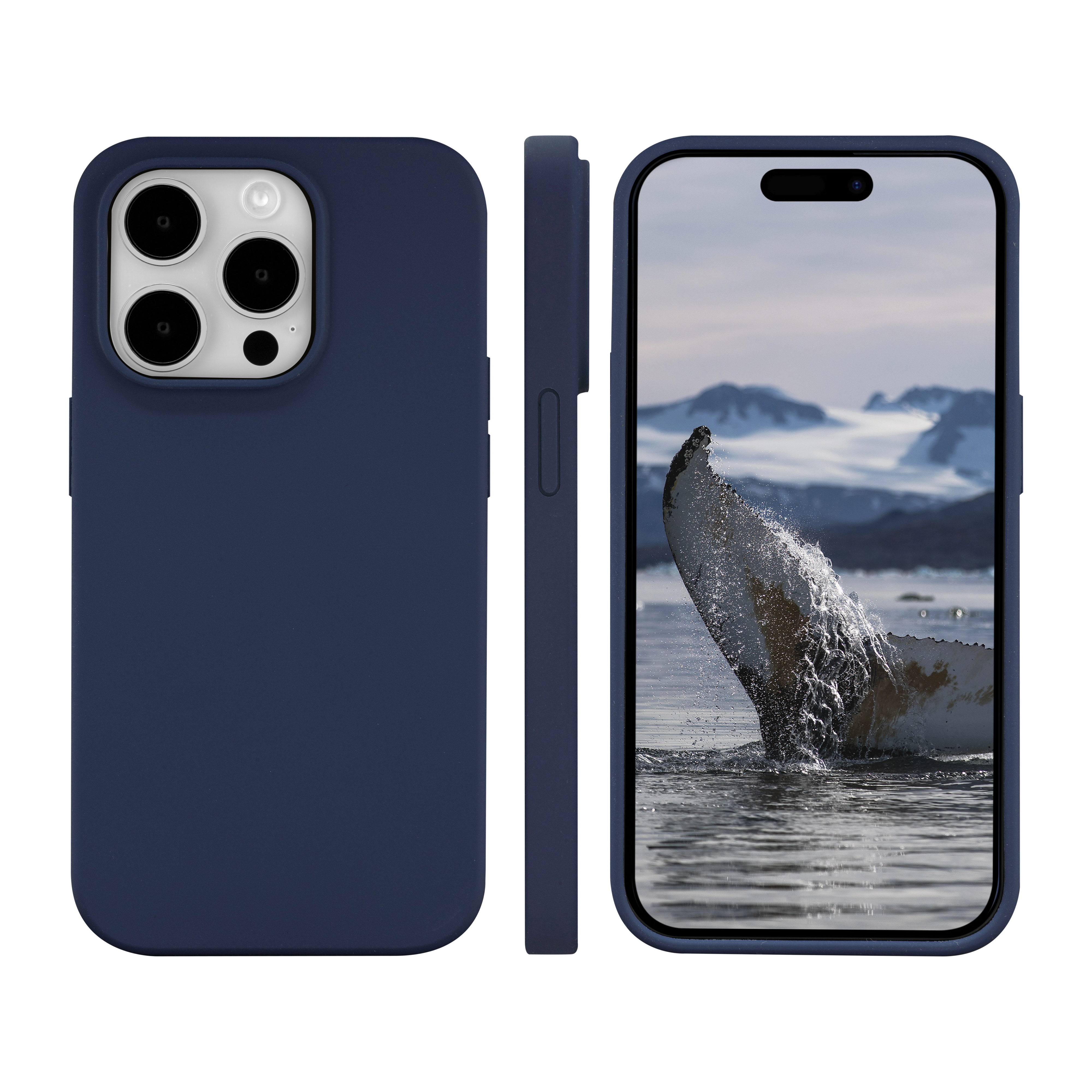 Una custodia per telefono blu scuro con una balena che si rompe sullo schermo del telefono.