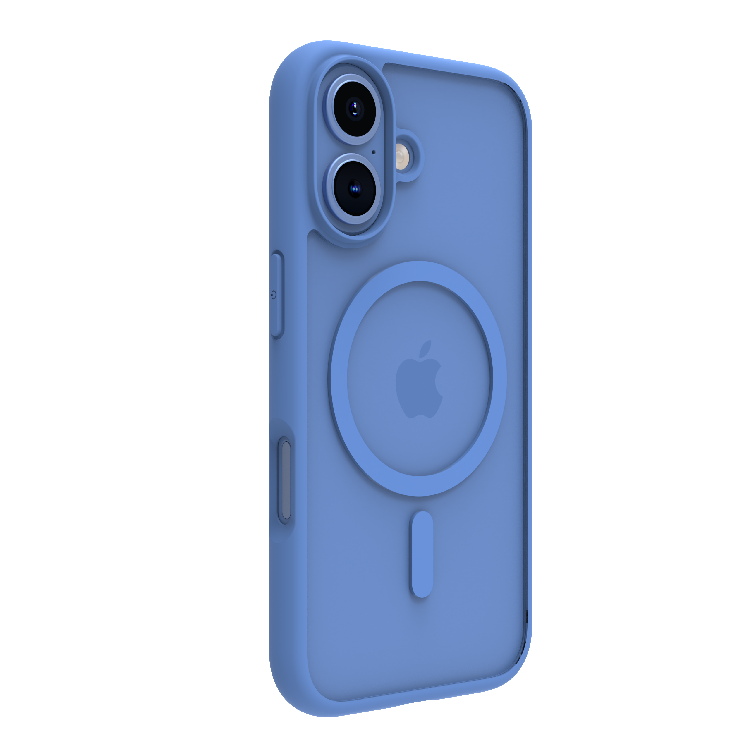 Custodia blu per telefono con logo Apple e ritagli per fotocamera. Cerchio magnetico.