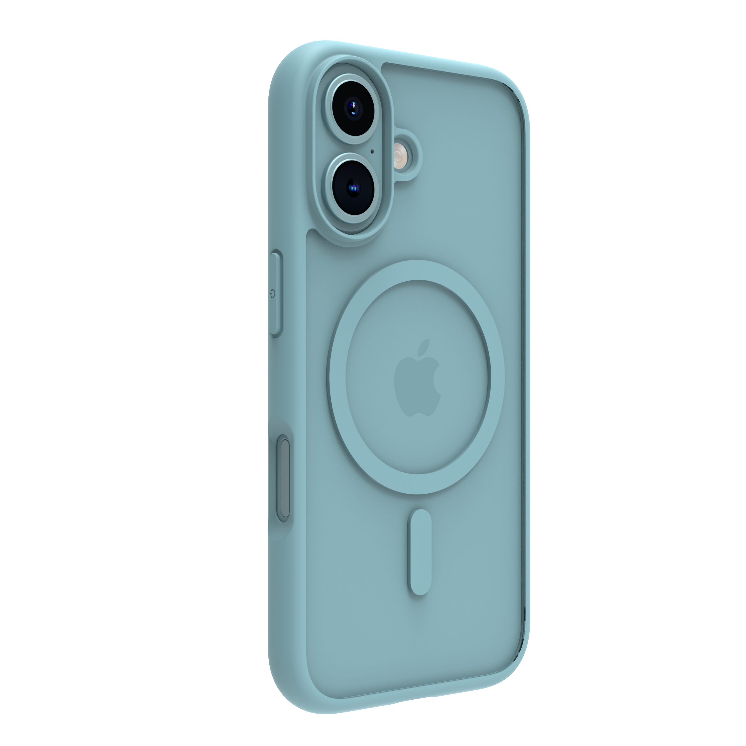 Custodia blu per iPhone con due fotocamere e logo Apple. Custodia blu con cerchio magnetico.
