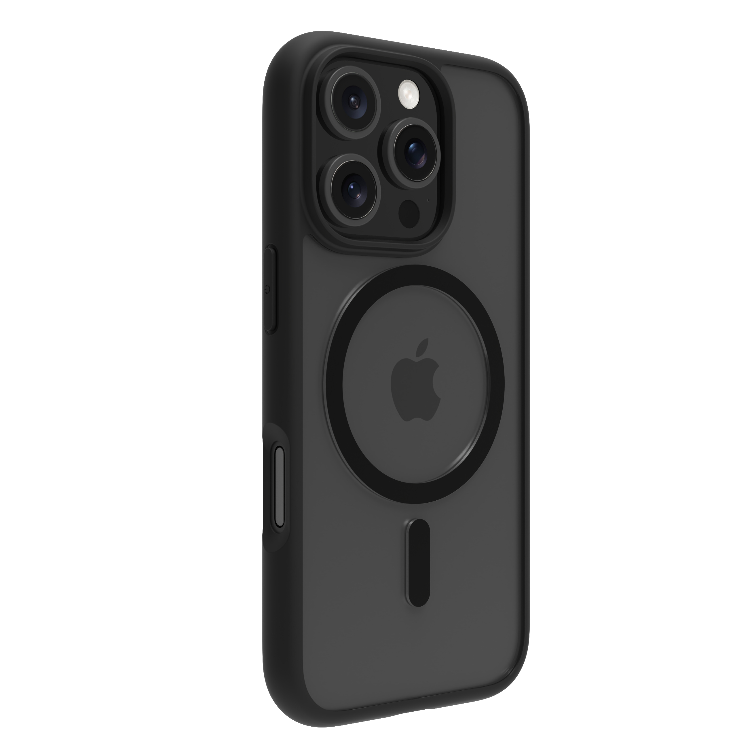 Custodia nera per telefono con anello MagSafe nero. Cornice nera. Sfondo bianco.