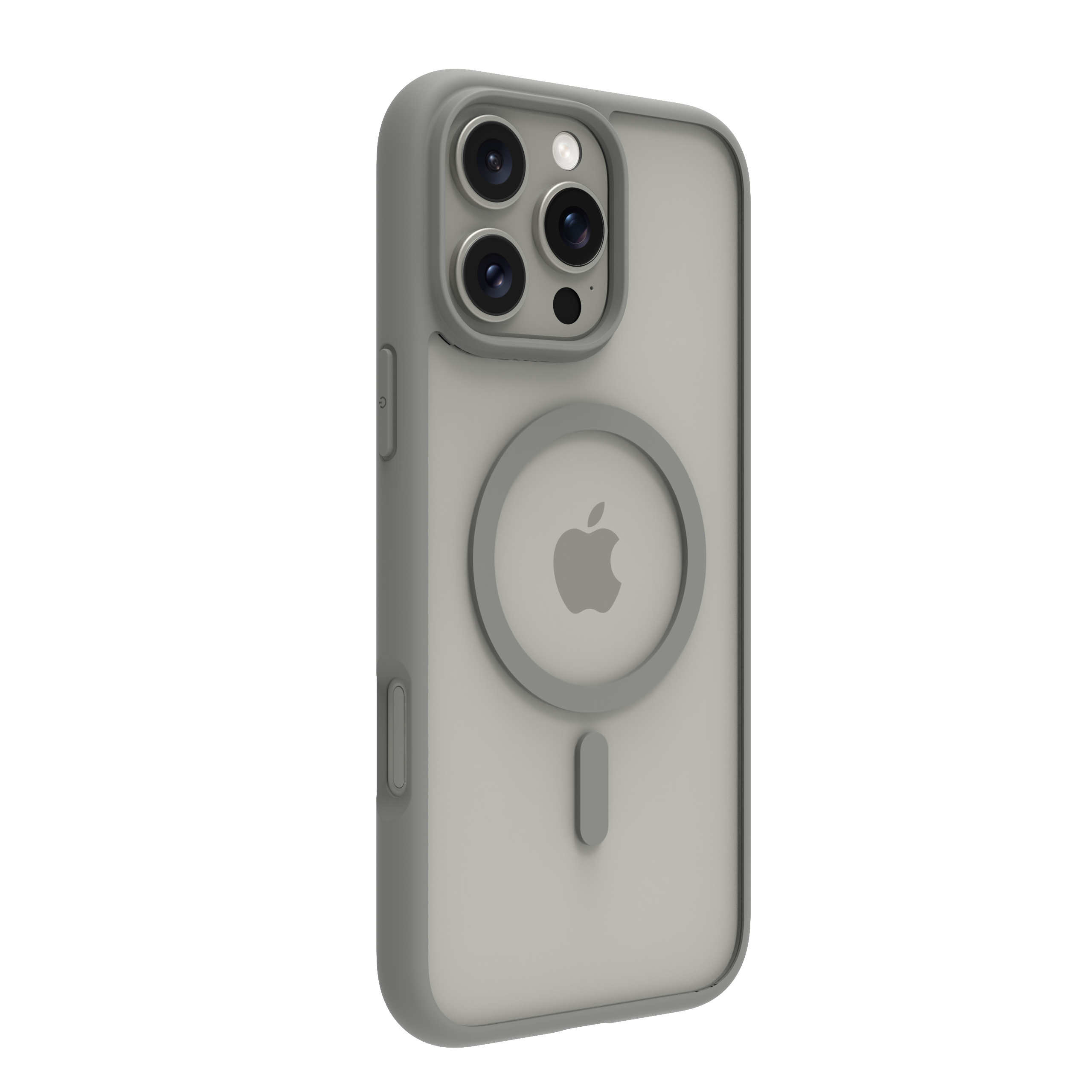 Custodia grigia per telefono con logo Apple, tre fotocamere e un cerchio magsafe sul retro.