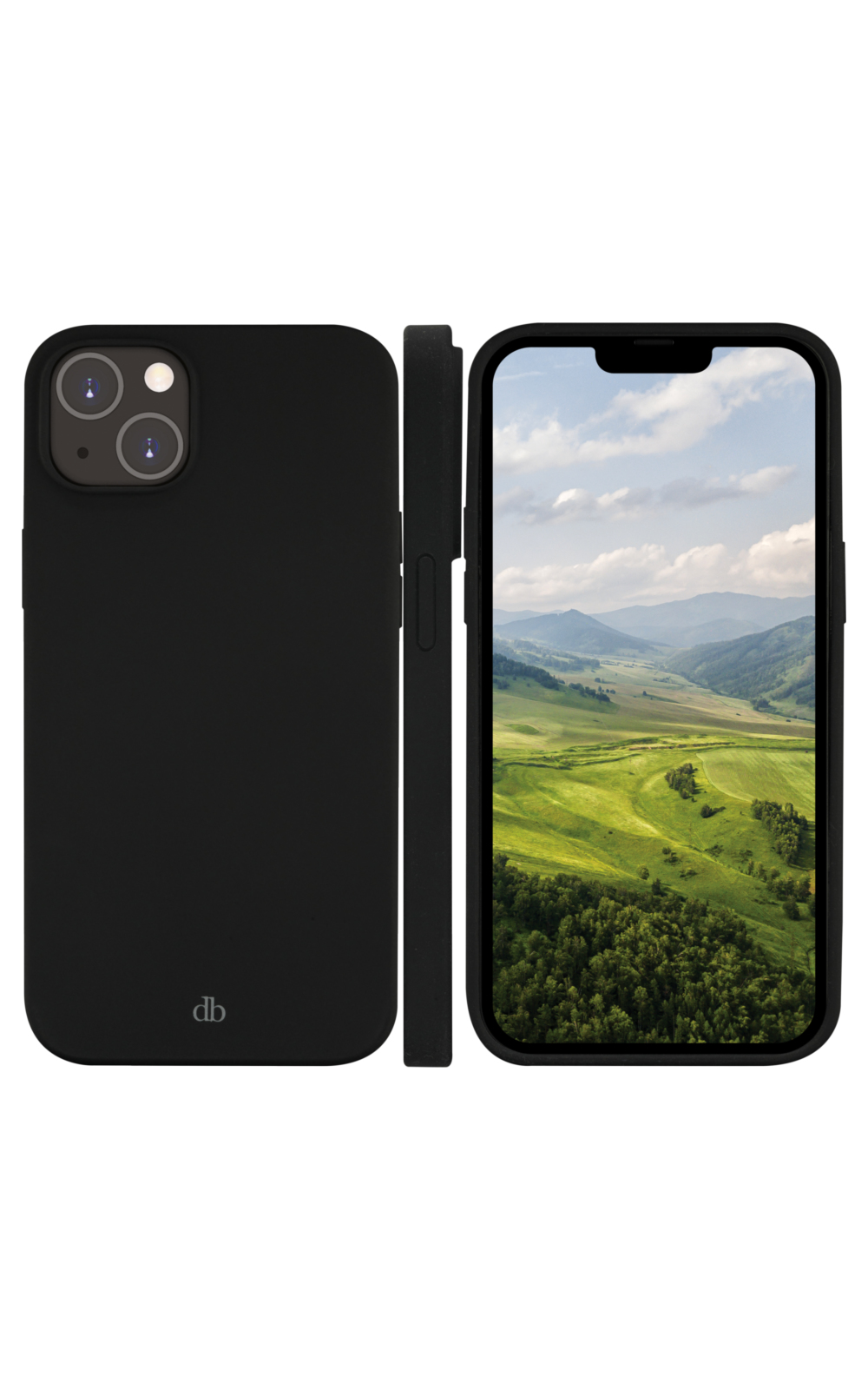 Custodia nera per telefono con telefono. Il telefono mostra un paesaggio verde. Custodia e telefono su sfondo bianco.