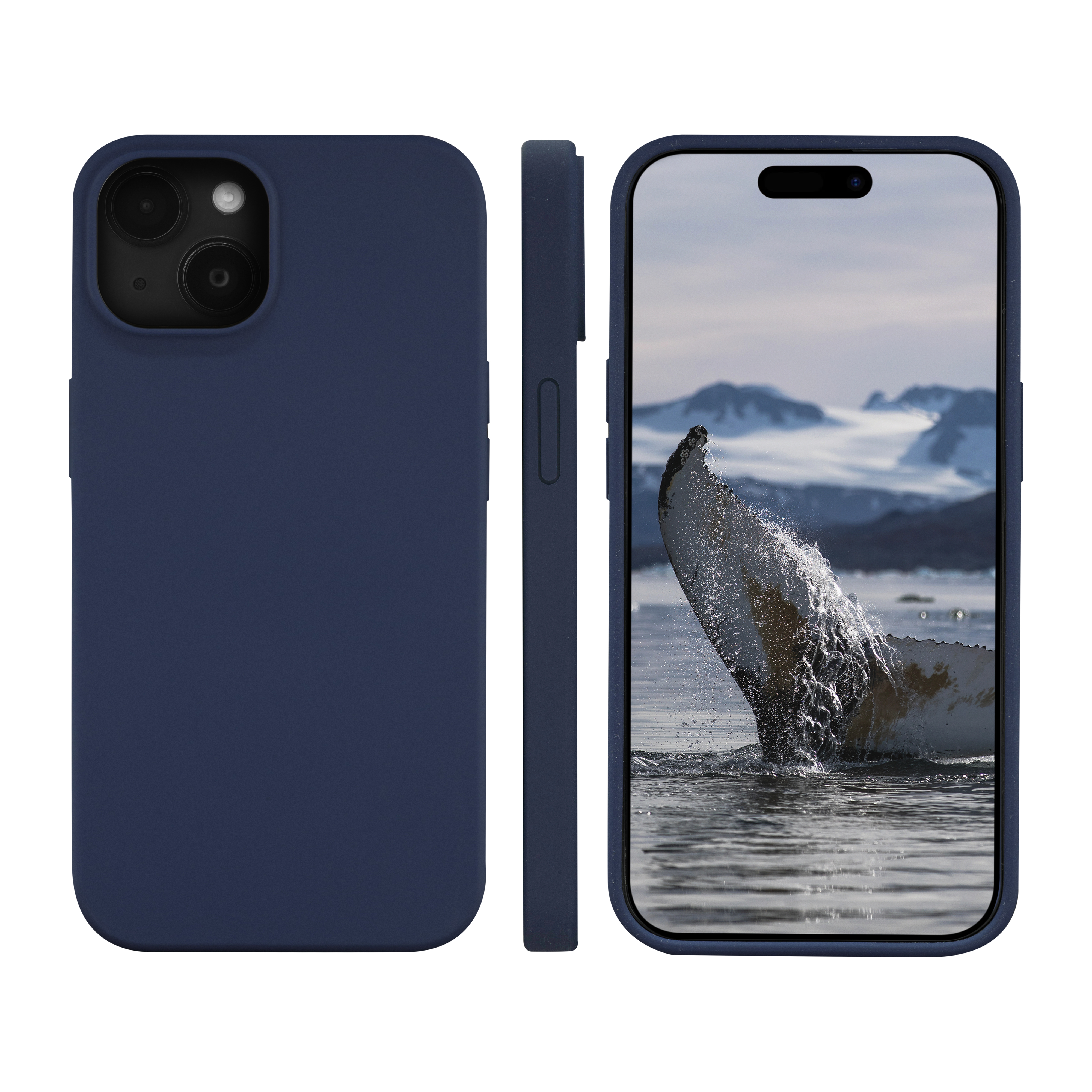 Una custodia per telefono blu navy con un telefono che mostra una balena che si infrange nell'oceano. Sfondo bianco.