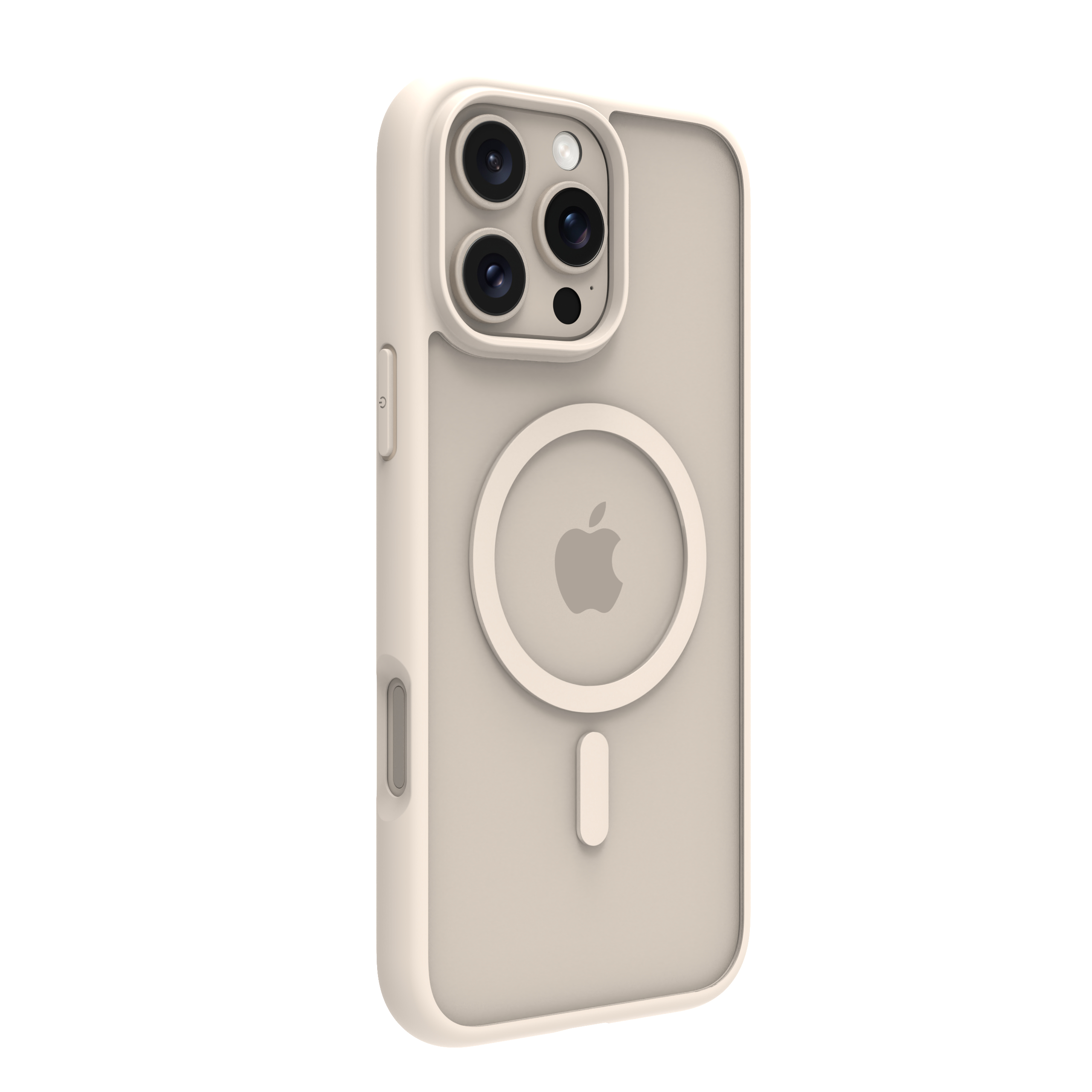 Una custodia per telefono color crema con un ritaglio per la fotocamera e un anello magnetico. È su uno sfondo bianco.