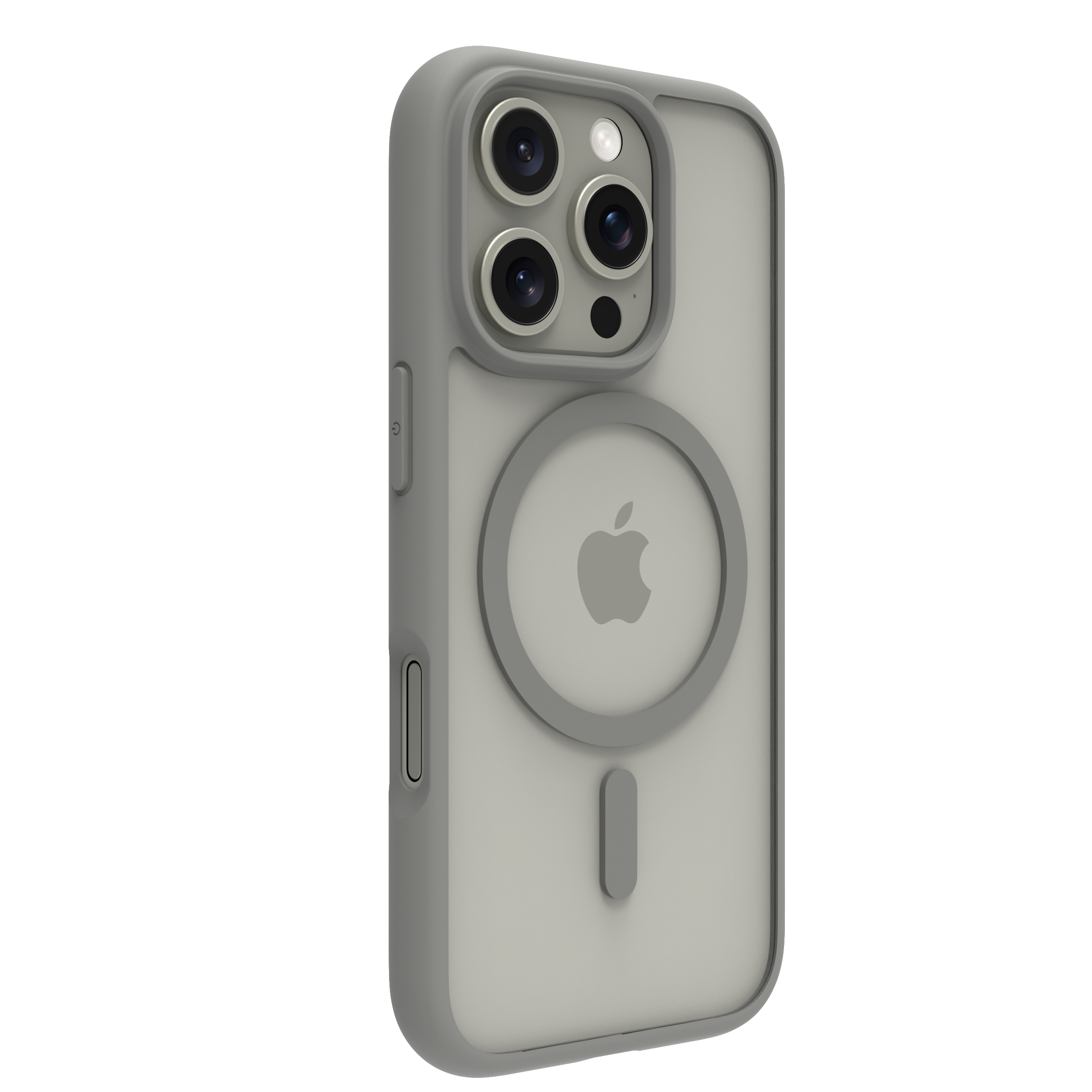 Custodia per telefono grigio chiaro con un cerchio magnetico e il logo Apple, su sfondo bianco.