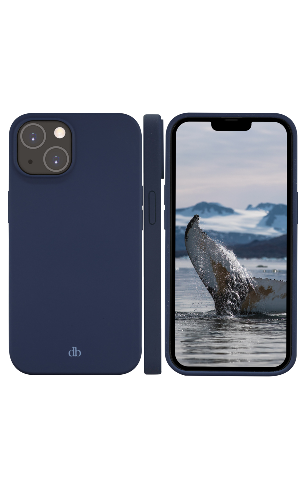 Custodia blu per telefono, iPhone, vista laterale e coda di balena che emerge dall'acqua sullo schermo.