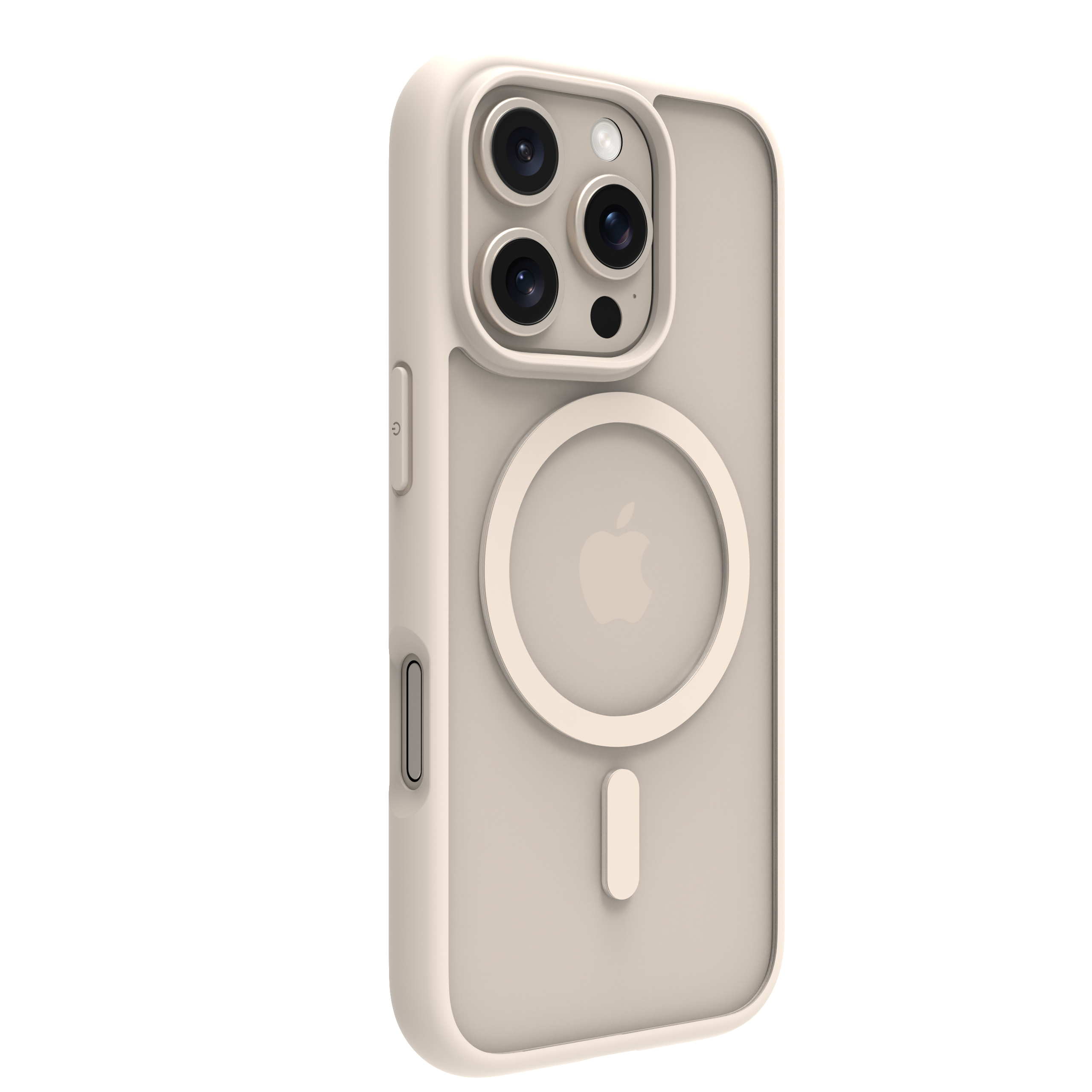 Custodia beige per telefono con un cerchio bianco e il logo Apple.