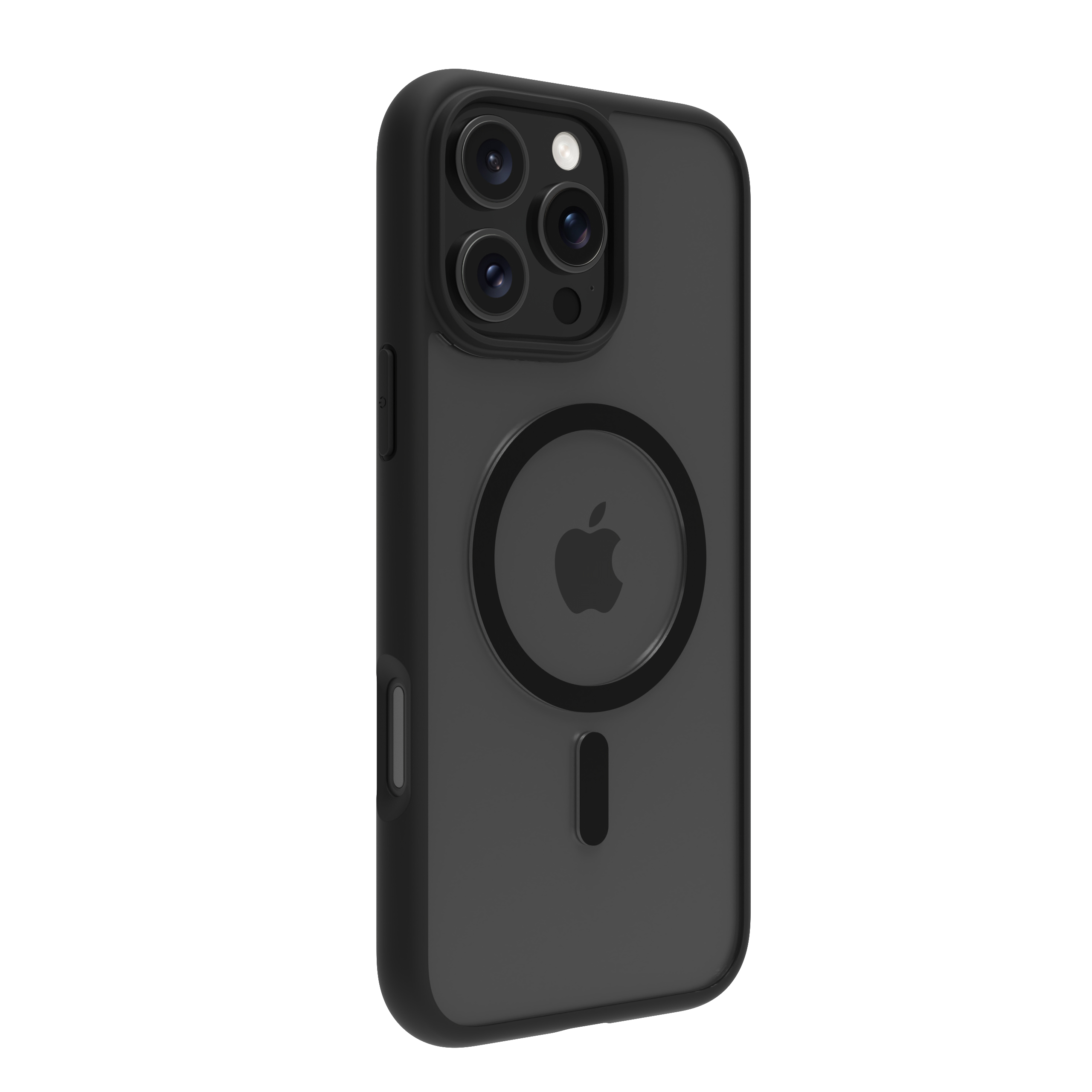 Custodia nera per iPhone con tre fotocamere e un ritaglio circolare per MagSafe. Il logo Apple è visibile.