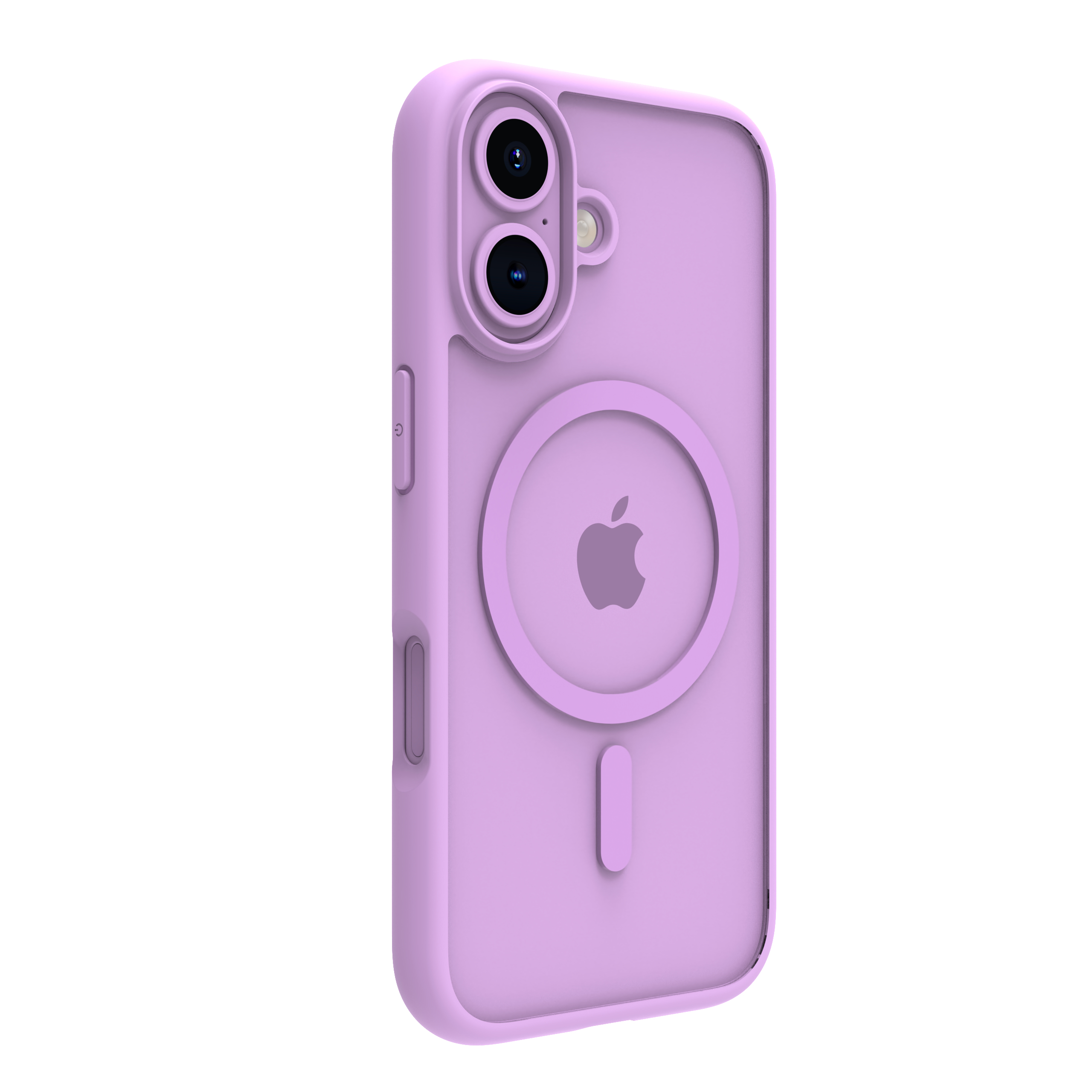 Custodia per telefono lilla con logo Apple e un ritaglio rotondo sul retro.