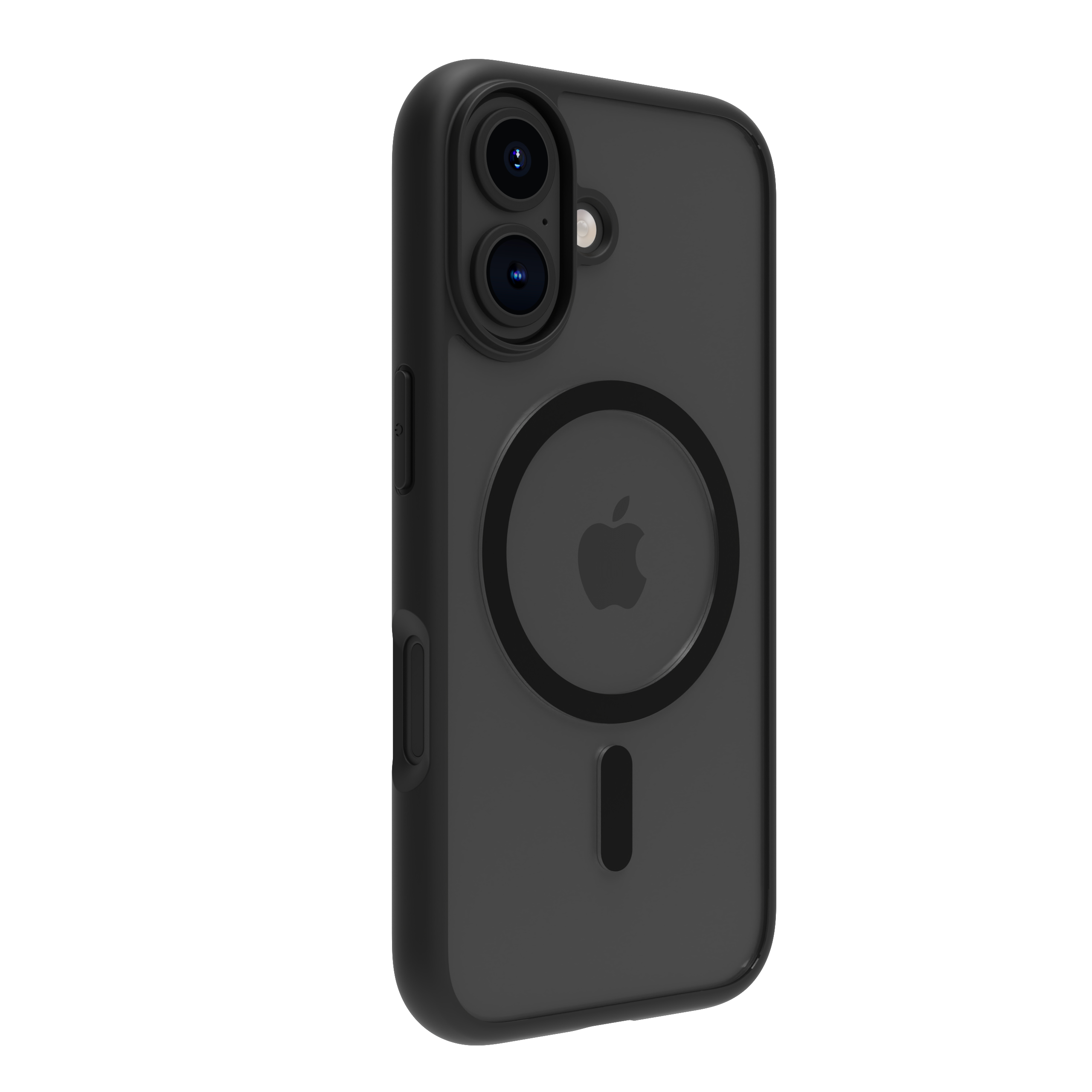 Custodia nera per telefono con logo Apple e modulo fotocamera, su sfondo bianco.