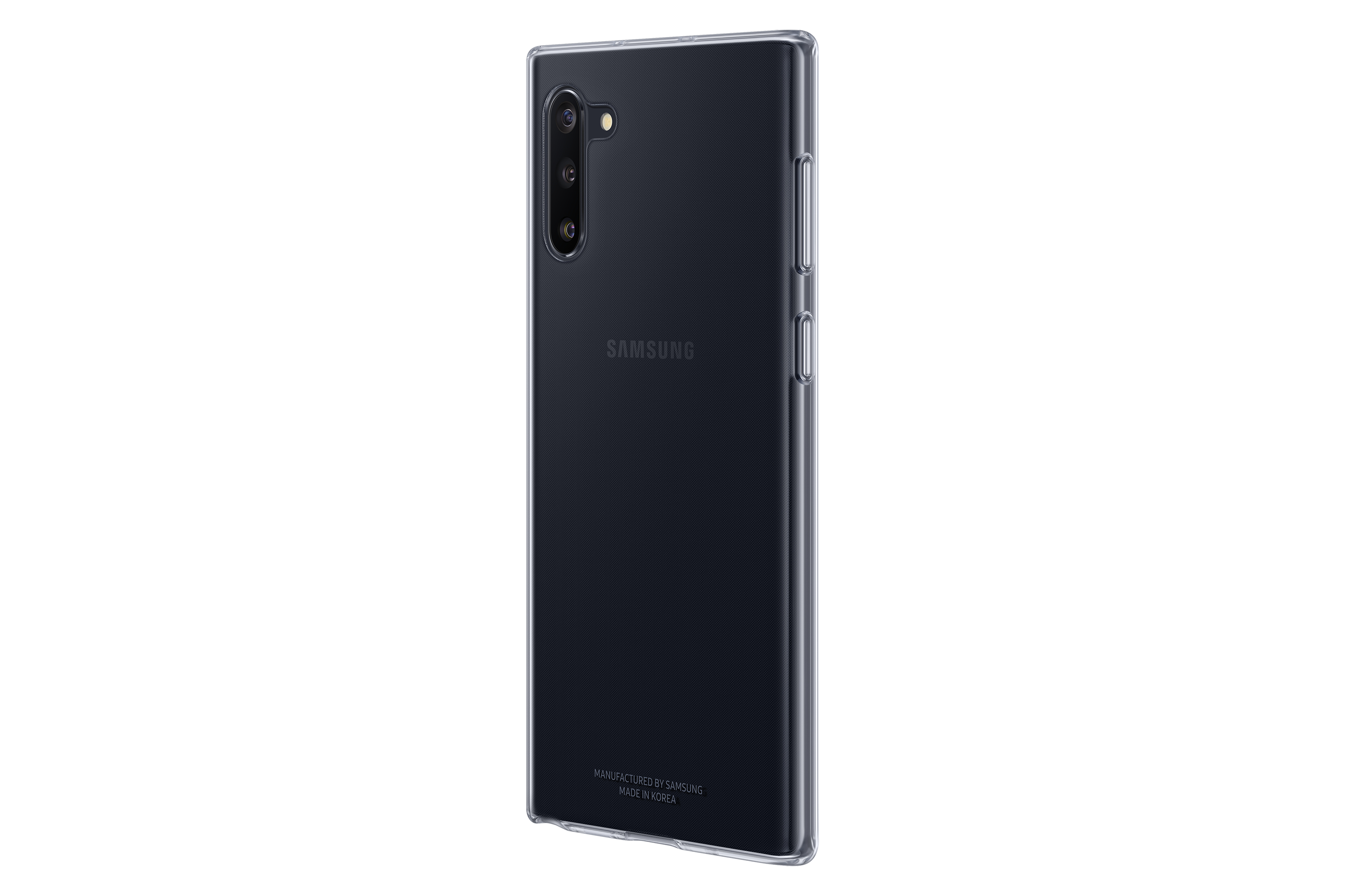 Un telefono Samsung Galaxy nero. Il retro mostra una fotocamera e il logo Samsung. È in una custodia trasparente.