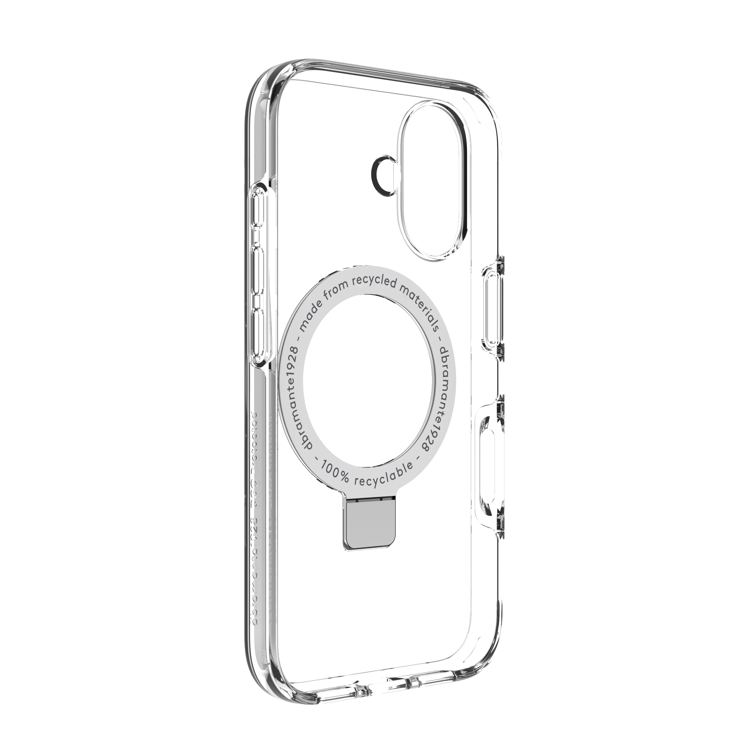 Custodia trasparente per telefono con anello magnetico. Realizzata con materiali riciclati, riciclabile al 100%.