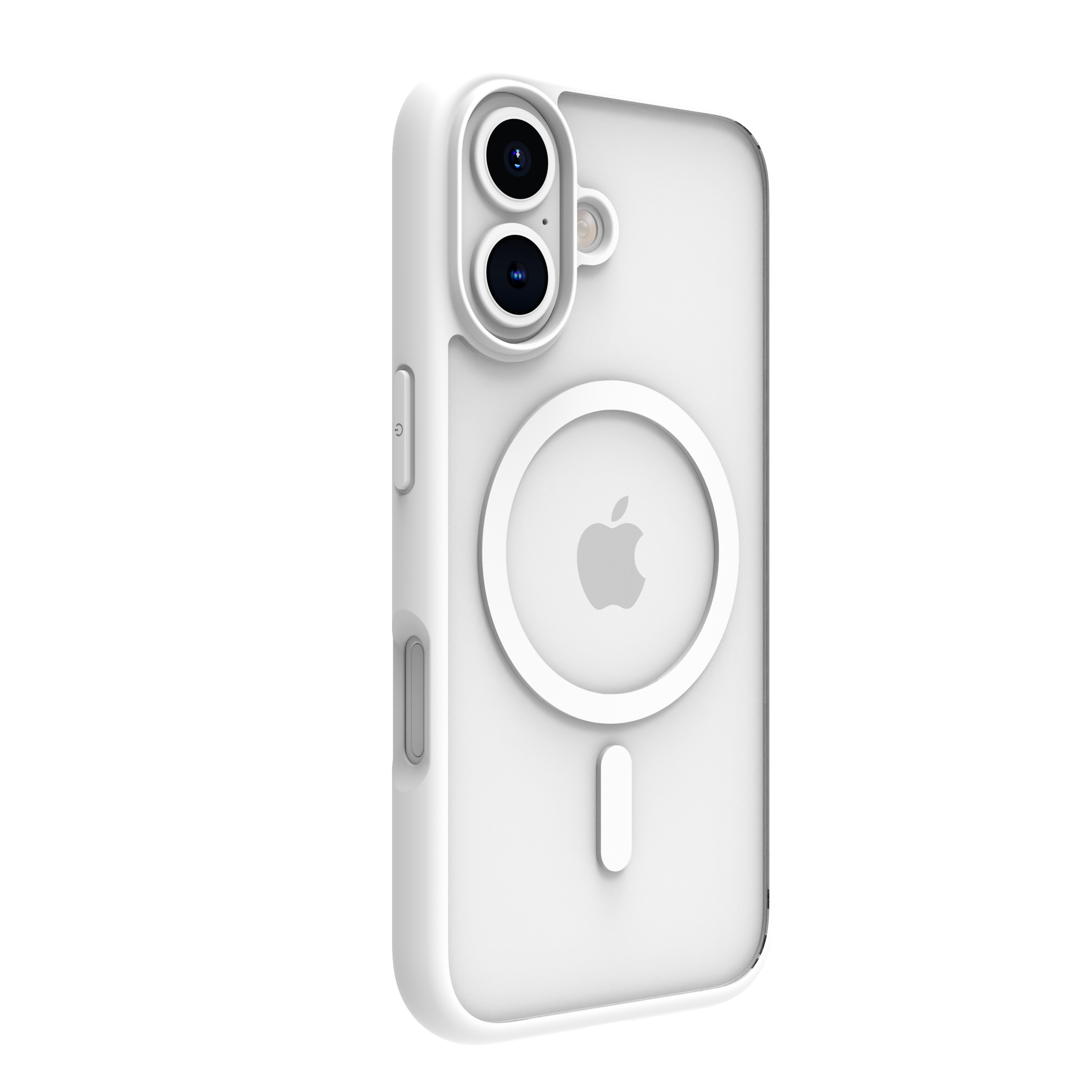 Custodia bianca per iPhone con MagSafe e due lenti della fotocamera, su sfondo bianco.