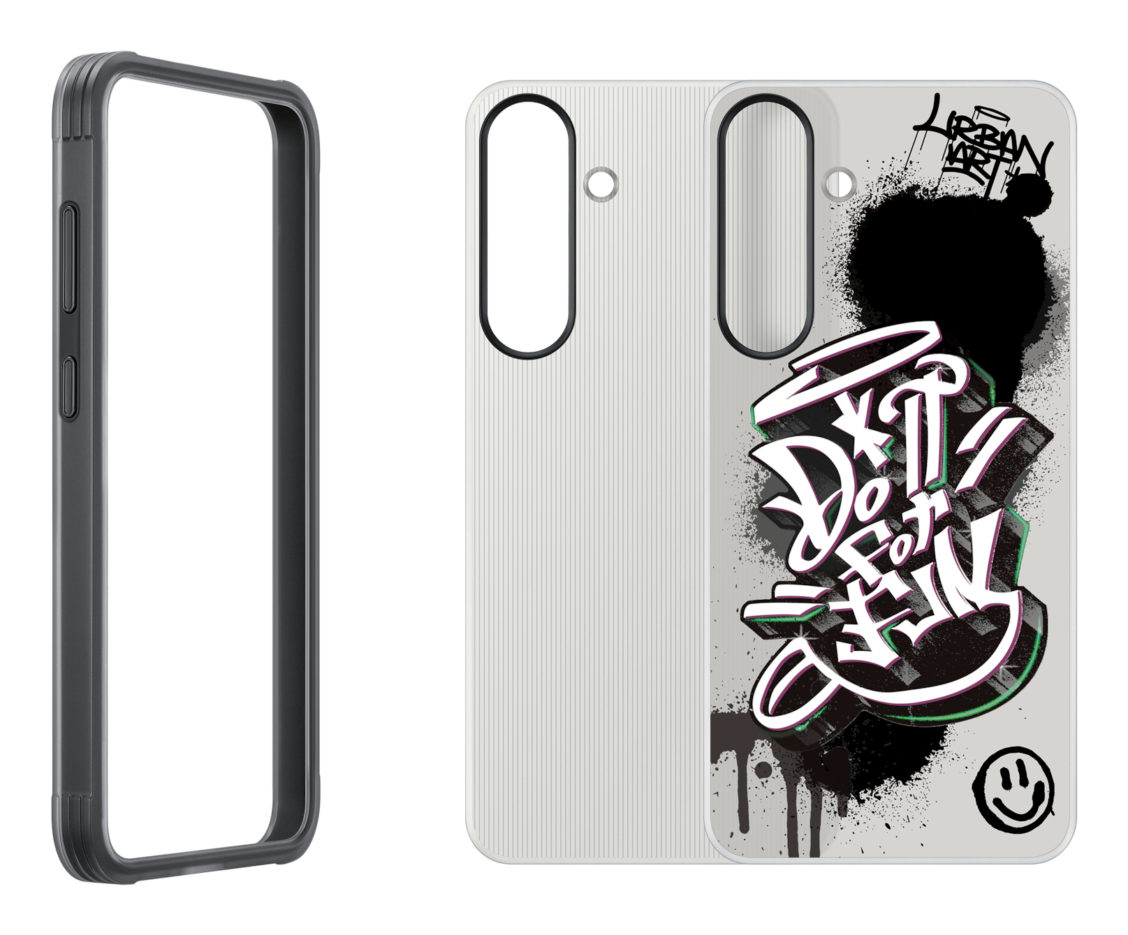 Eine Handyhülle mit Graffiti-Kunst, mit grauem Rahmen und dem Satz 'Do it for fun'.