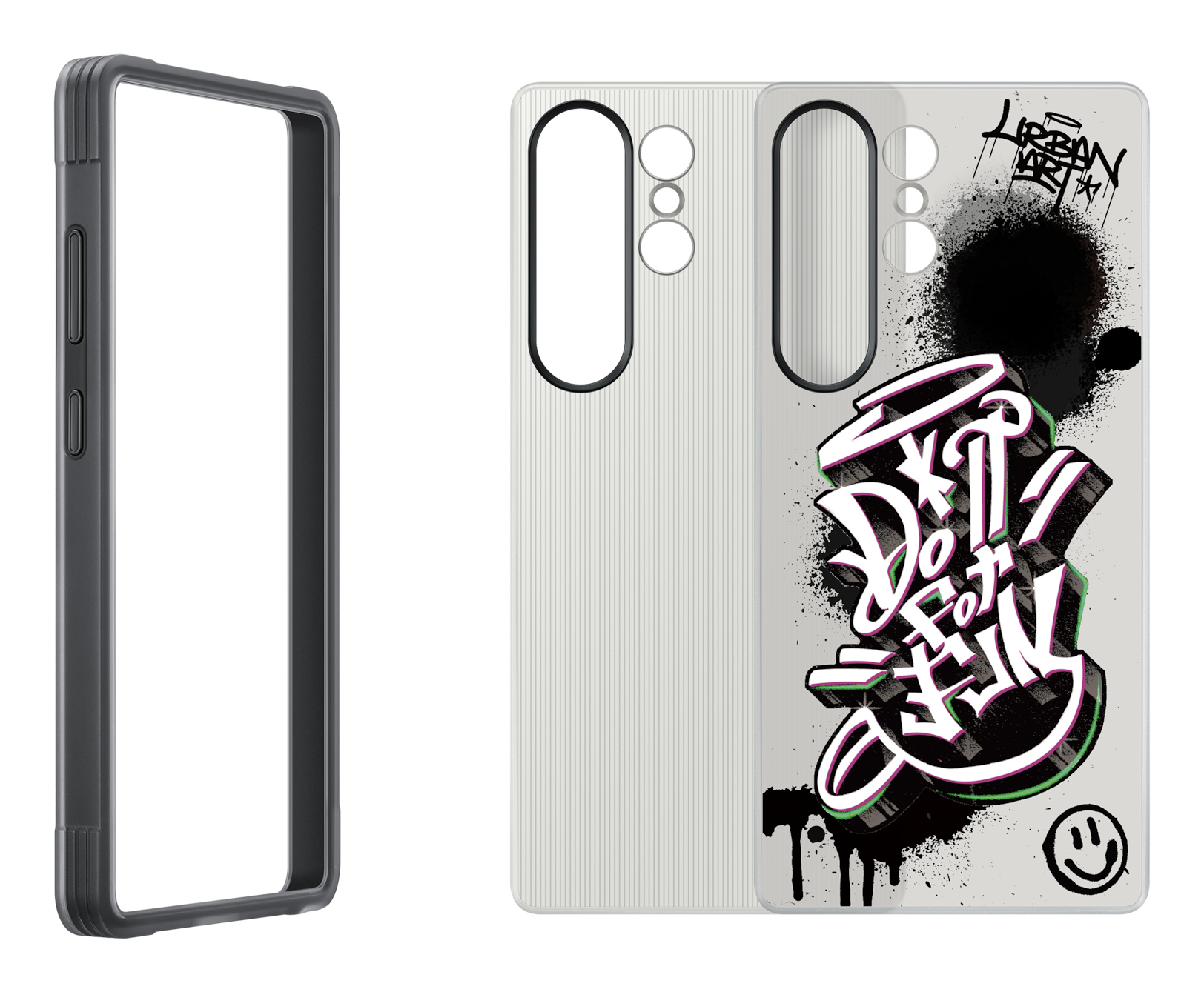 Telefoonhoesje met graffiti-ontwerp: zwart, wit en groen met tekst: 'Drip Dot Funk'.
