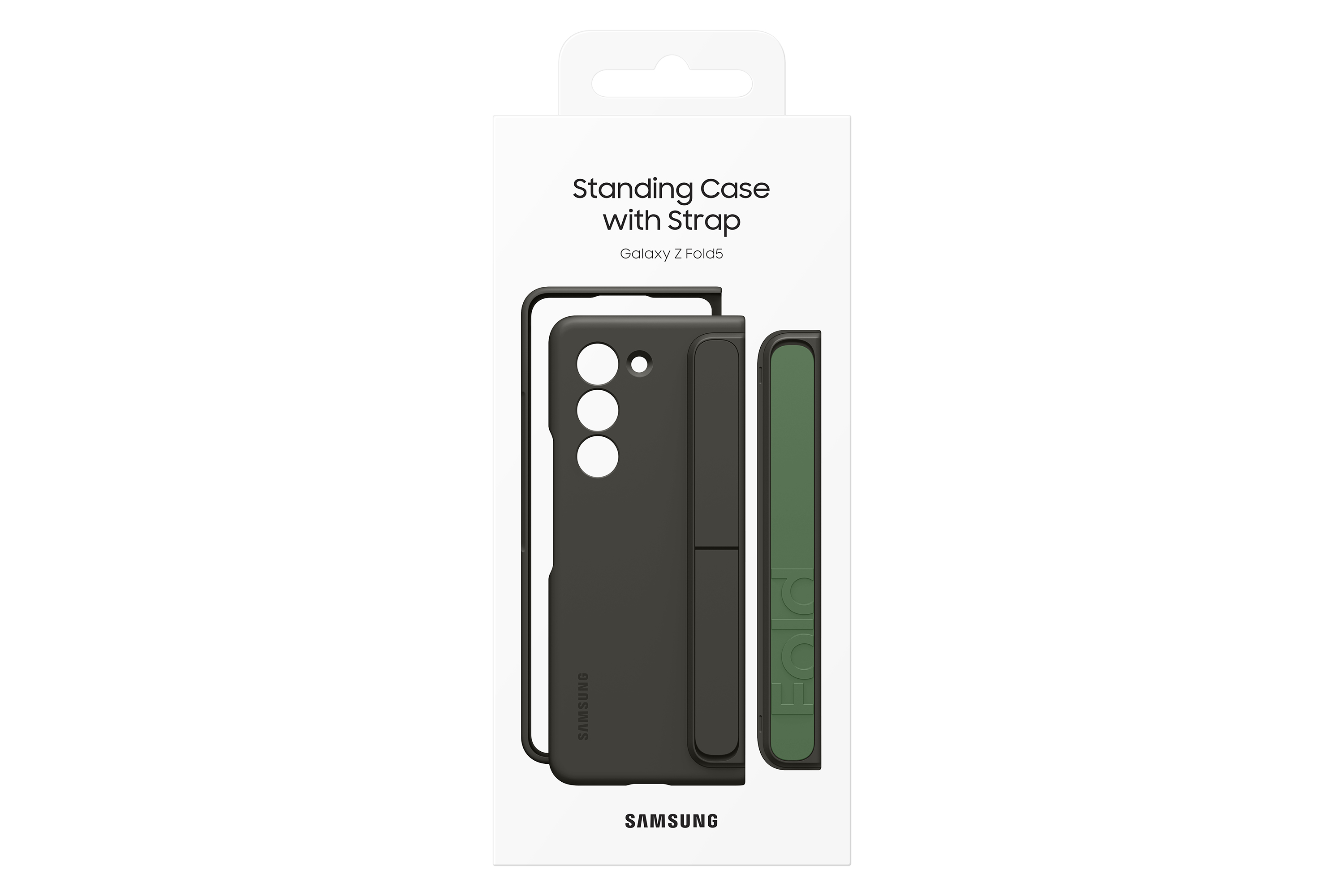Opakowanie etui na telefon. Etui jest czarne i zielone. Na pudełku napis "Standing Case with Strap".
