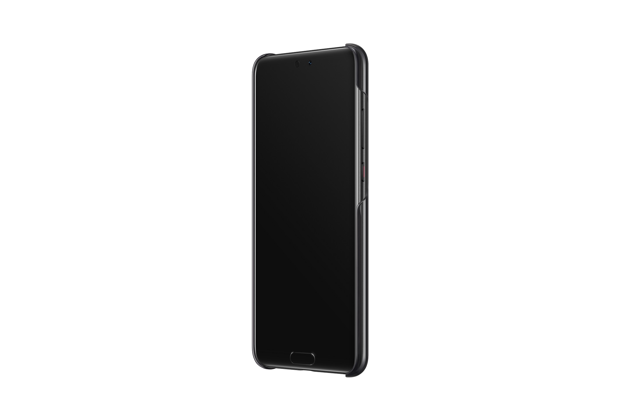 Smartphone nero, vista angolata. Lo schermo è nero. Il telefono è su sfondo bianco.