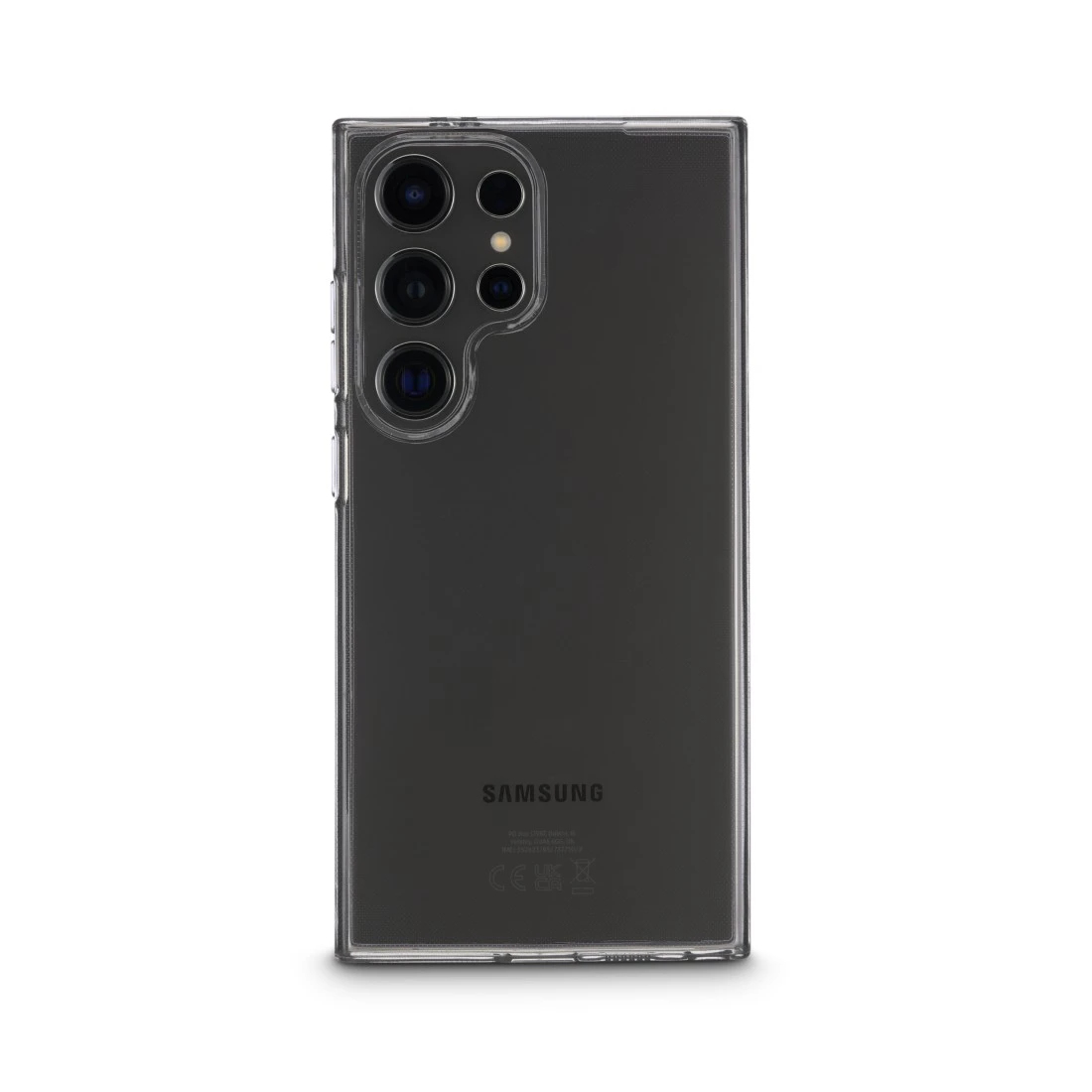 Un telefono nero con una custodia trasparente, che mostra il logo Samsung e la configurazione della fotocamera.