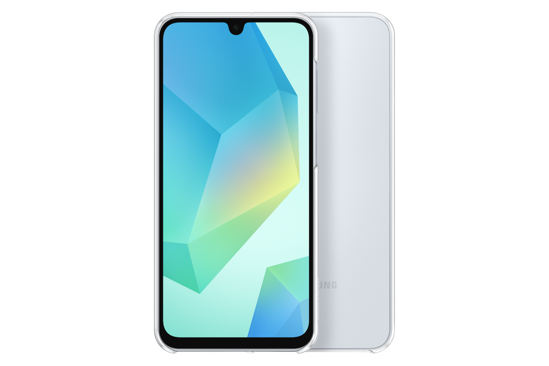 Een witte telefoon met een doorzichtig hoesje, met een kleurrijke geometrische achtergrond.