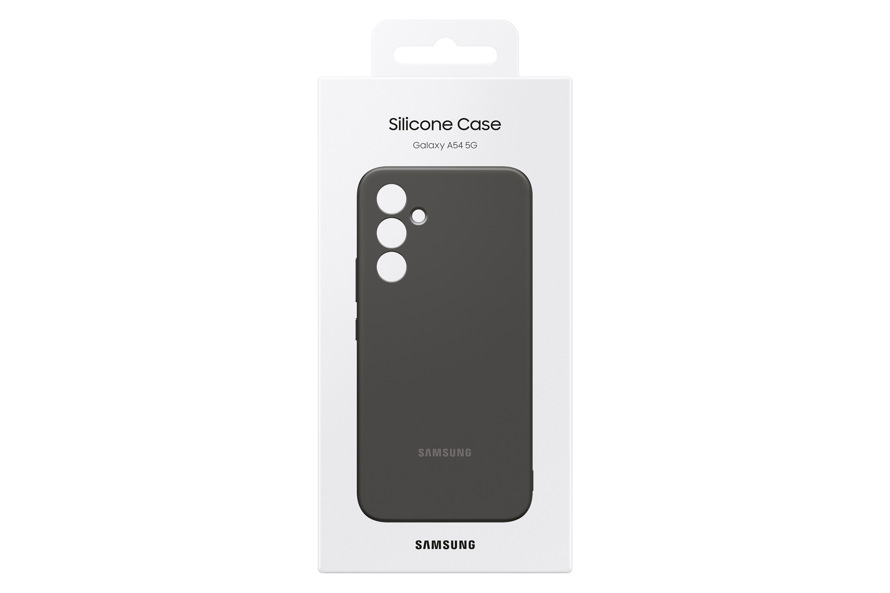 Una custodia per telefono nera in una scatola bianca. La custodia ha tre fori per la fotocamera e il logo Samsung.
