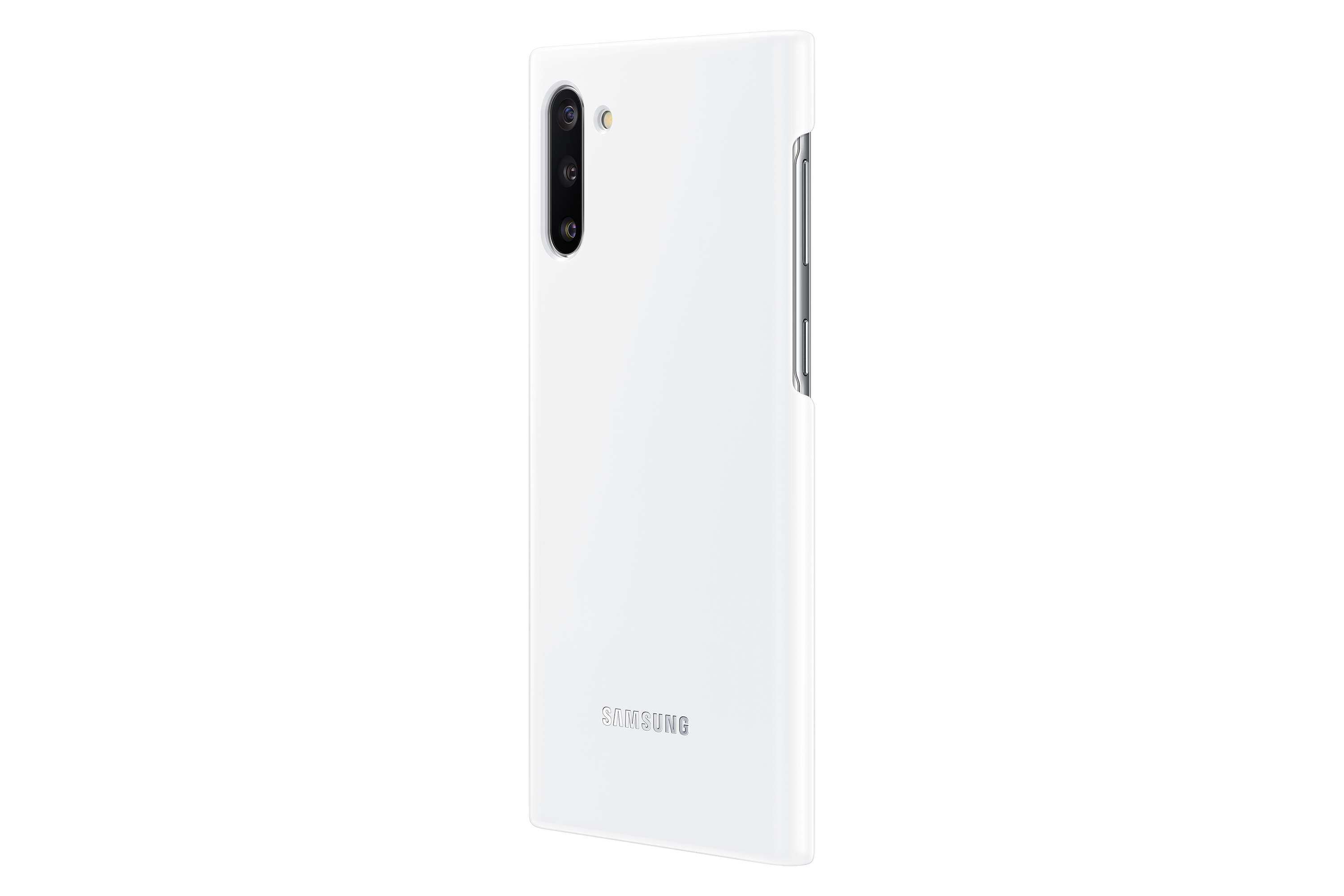 Weiße Samsung Handyhülle mit Samsung Logo. Schräge Ansicht.