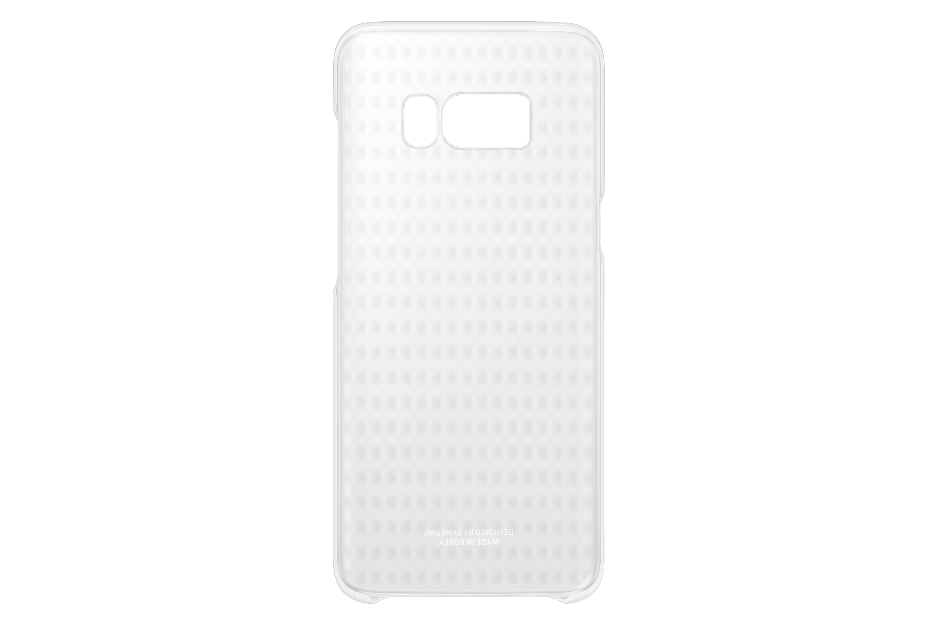 Una custodia trasparente per telefono, con fori per fotocamera, su sfondo bianco, vista posteriore.