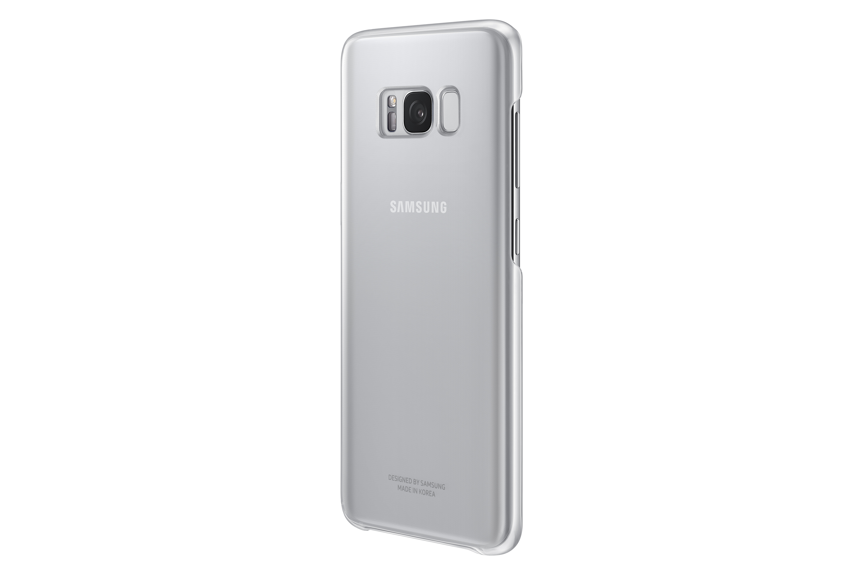 Una custodia argentata con il logo Samsung sul retro.