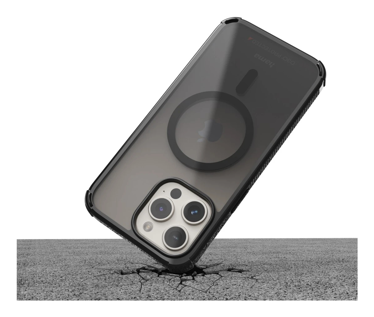 Custodia nera per telefono a terra, con anello MagSafe.