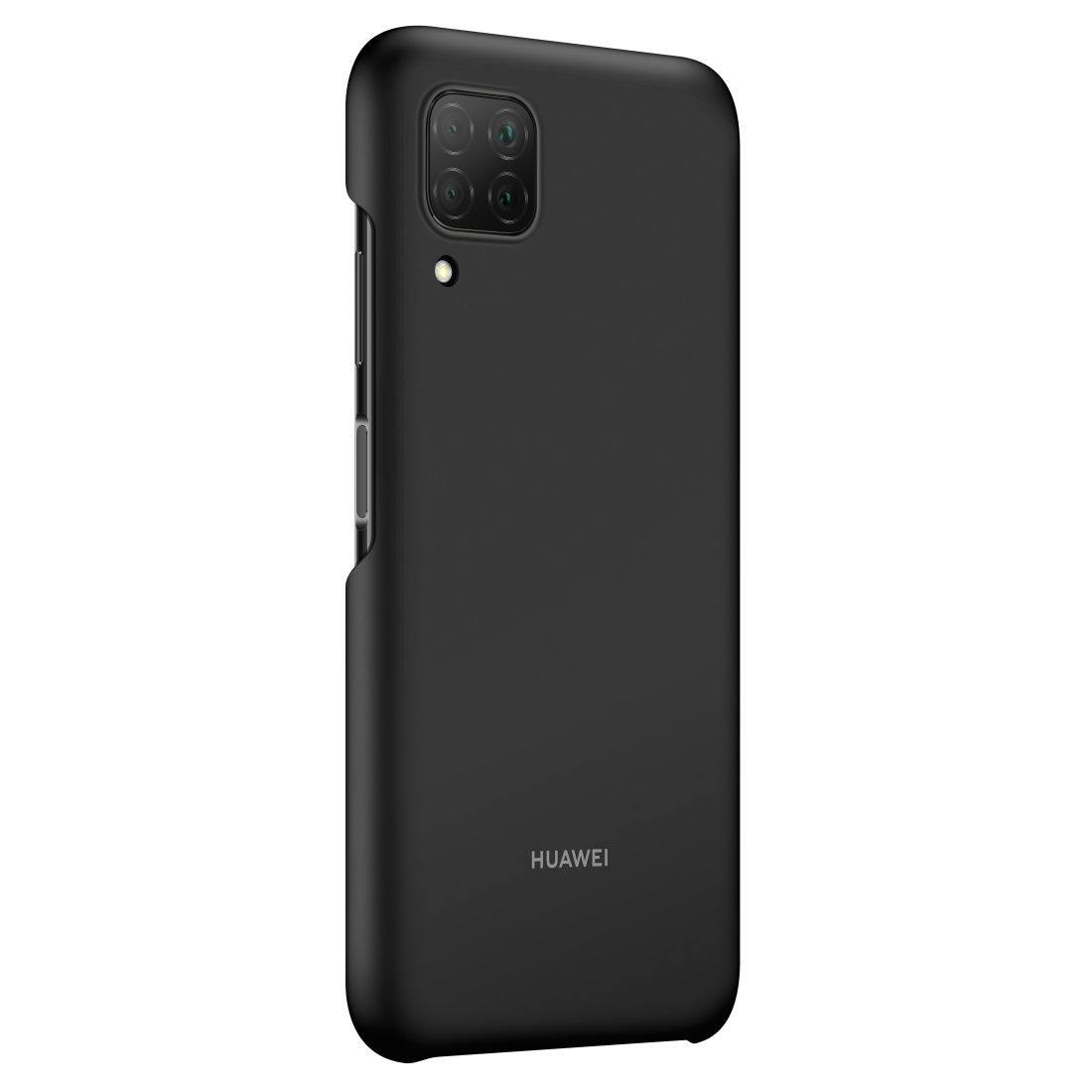 Une coque de téléphone noire avec une découpe pour l'appareil photo et le logo Huawei, isolée sur fond blanc.