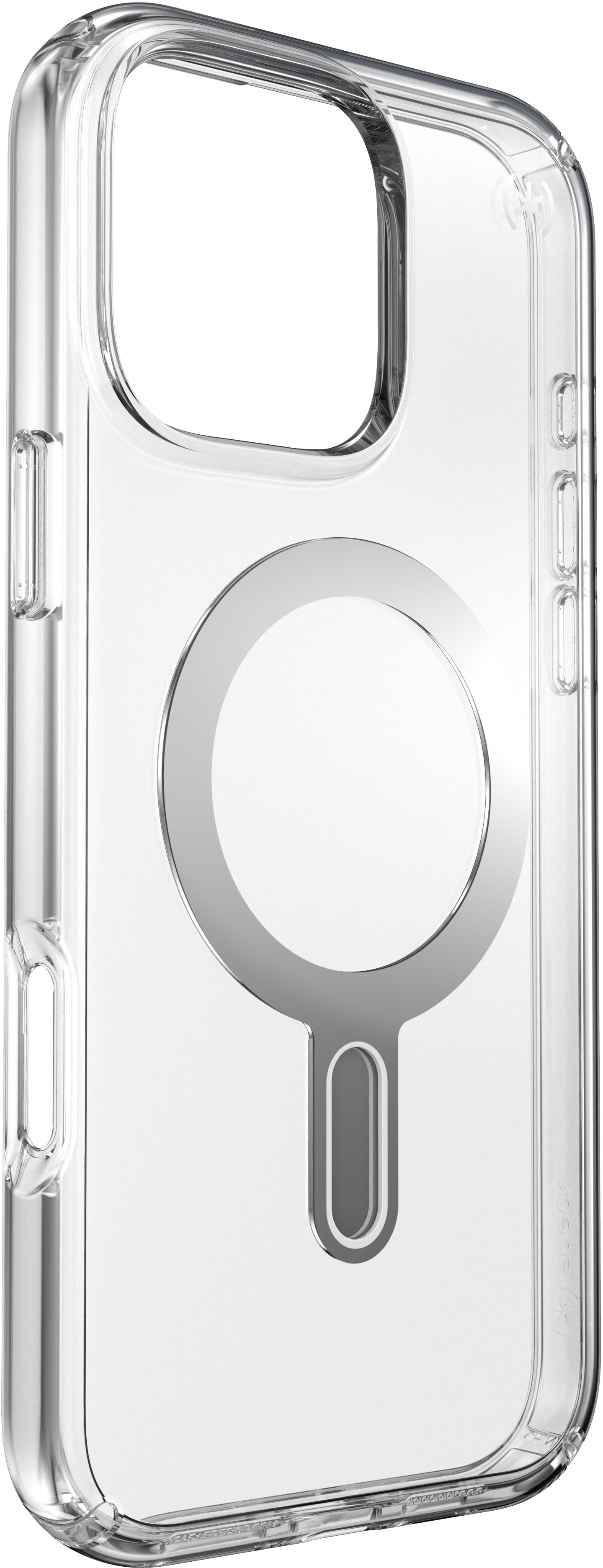 Custodia trasparente per telefono con un anello argentato circolare sul retro. La custodia è per un iPhone.