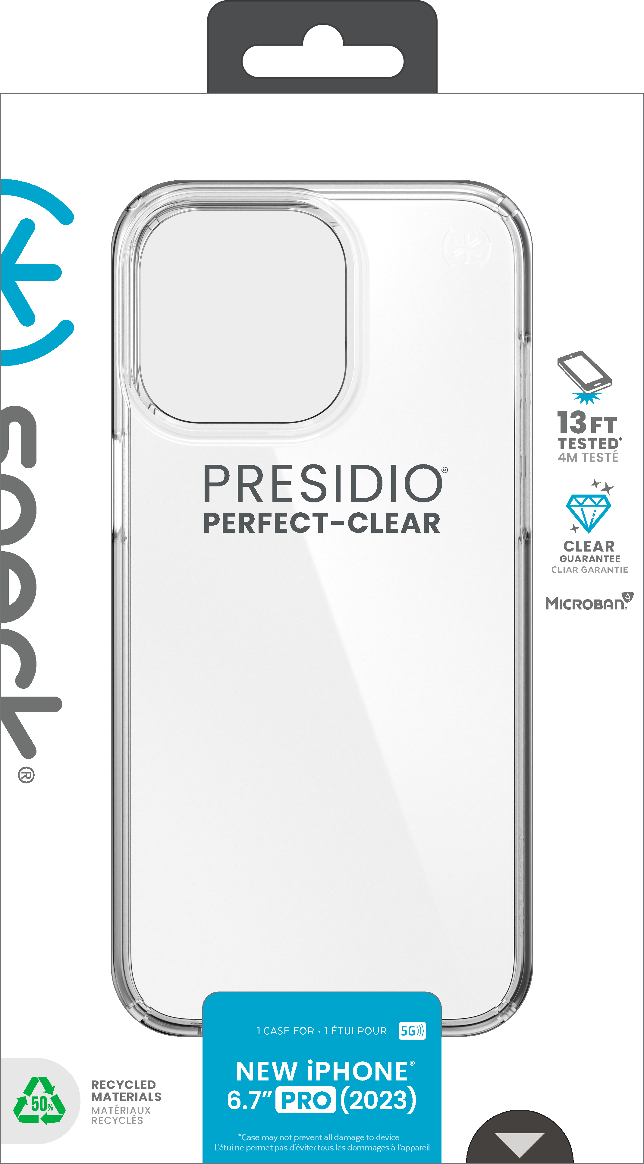 Transparante telefoonhoes in een doos. Er staat 'Presidio Perfect-Clear' en 'New iPhone 6.7' Pro (2023)'.